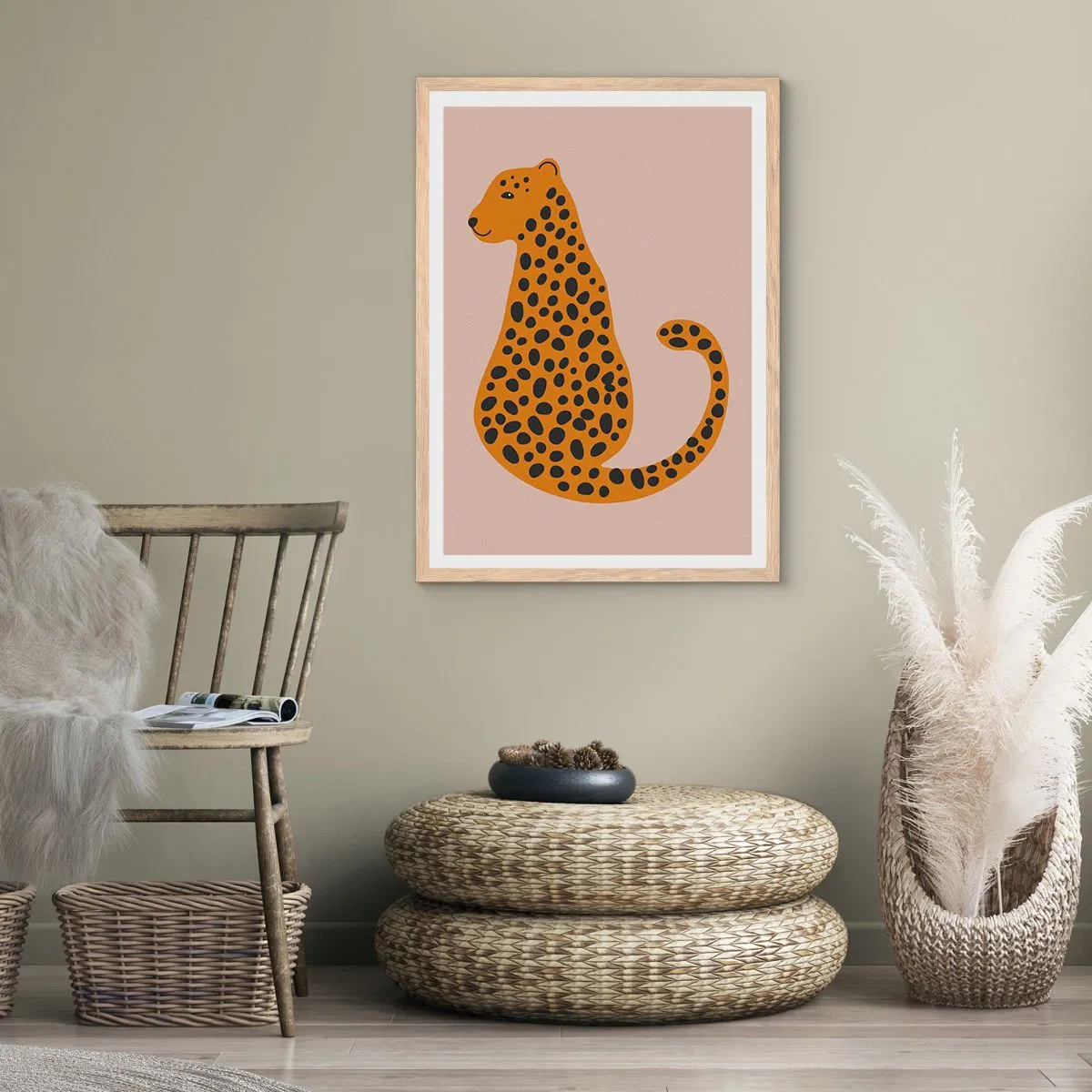 Plakat i ramme af lyst egetræ - Leopardprint er et moderigtigt mønster - 70x100 cm