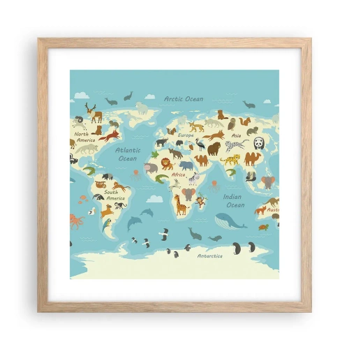 Plakat i ramme af lyst egetræ - Gode naboer - 40x40 cm