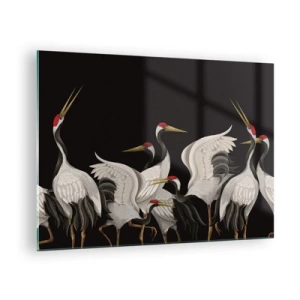 Billede på glas - Hvide traner med røde hoveder på en sort baggrund - 70x50cm - Fugle anliggender - Moderne vægdekoration til stue og soveværelse ARTTOR