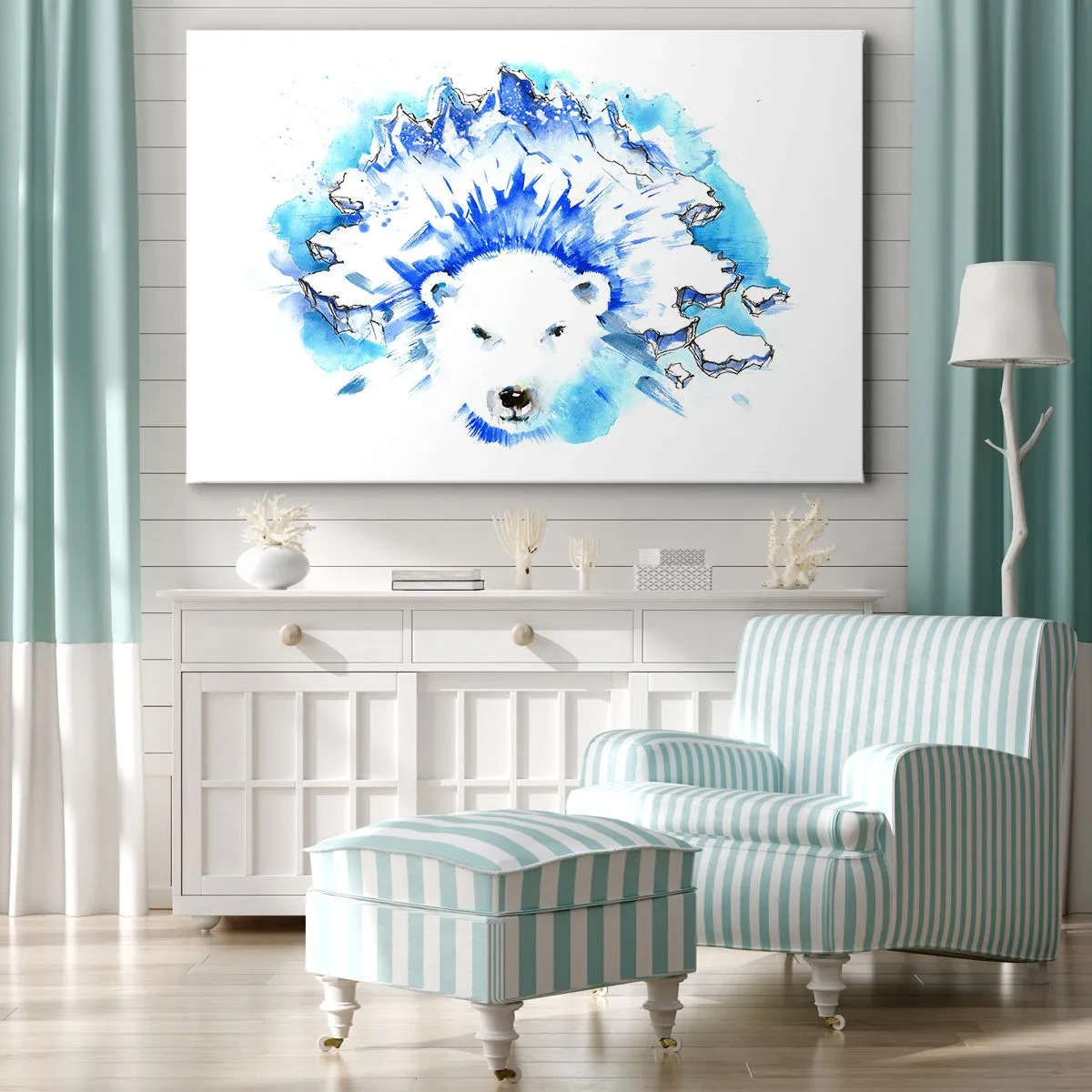 Lærredstryk - Billede på lærred - Kunstnerisk akvarelmaleri af en isbjørn med et ismotiv - 70x50cm - Kongen af Arktis i en iskrone - Moderne vægdekoration til stue og soveværelse ARTTOR