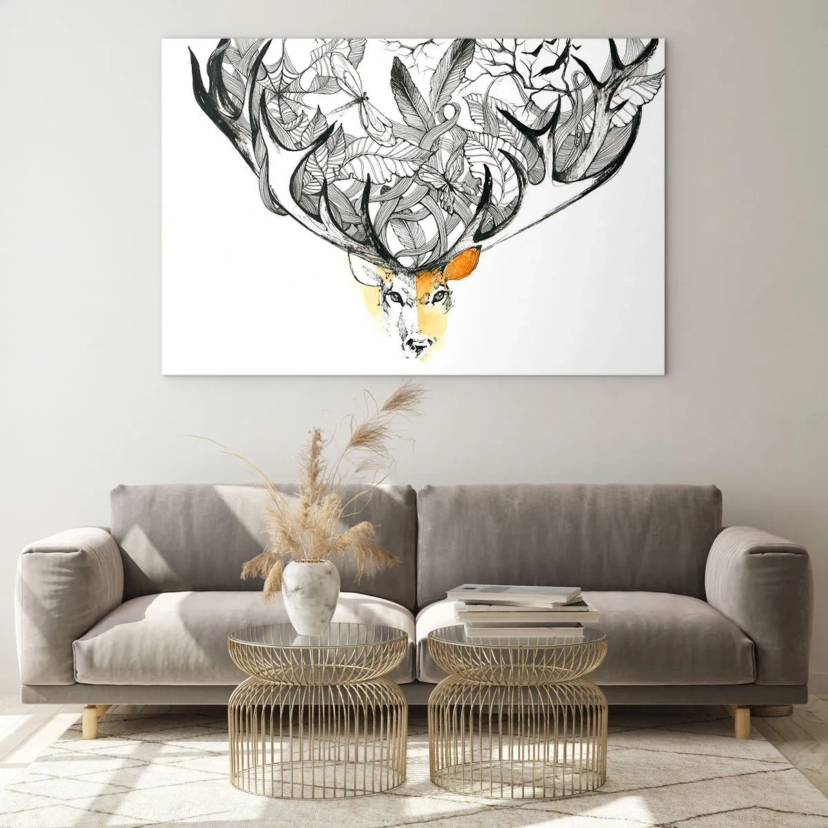 Billede på glas - Tegning af en hjort med flotte gevirer - 70x50cm - Horn af overflod - Moderne vægdekoration til stue og soveværelse ARTTOR