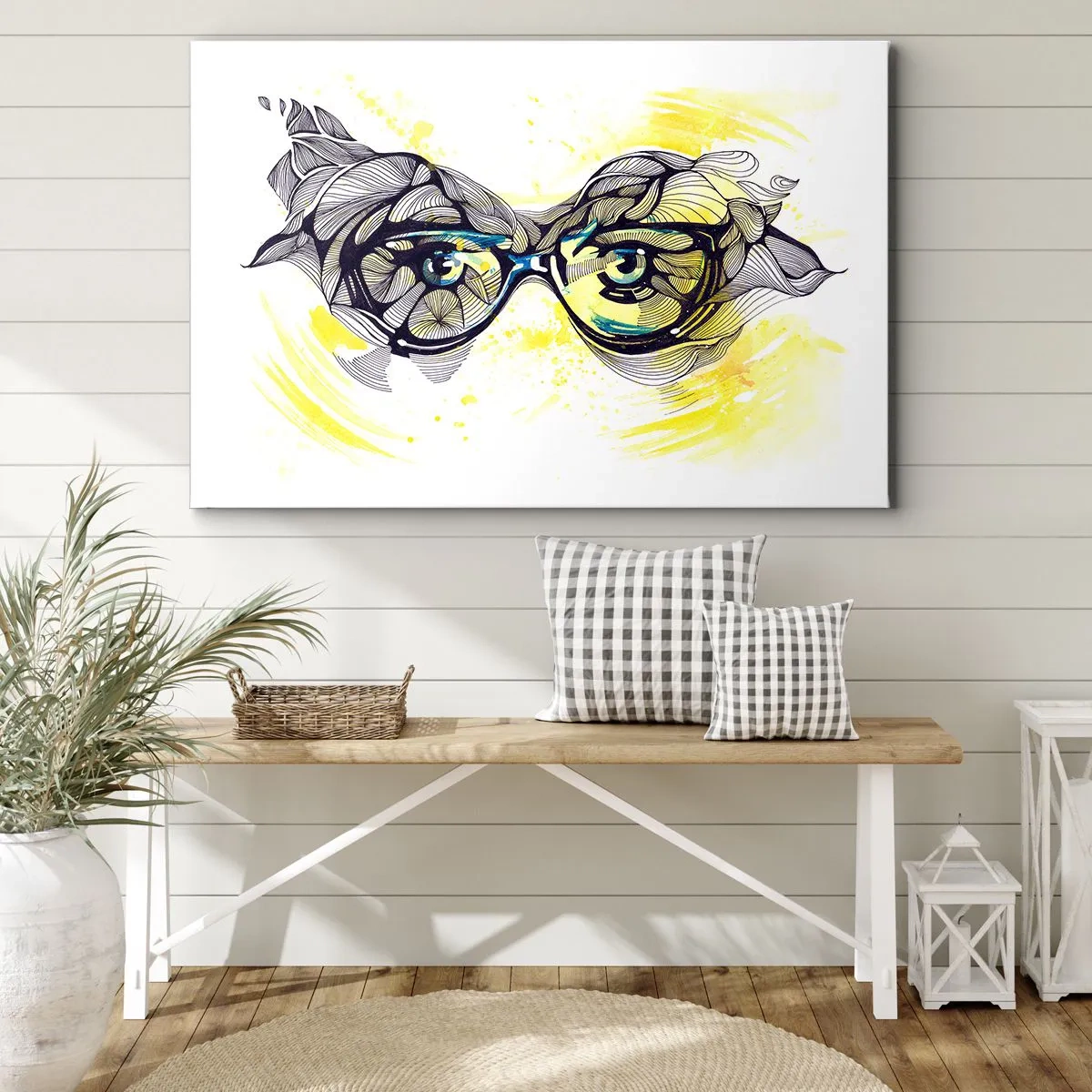 Lærredstryk - Billede på lærred - Kunstnerisk grafik af briller med udtryksfulde øjne - 70x50cm - Gennem blå briller - Moderne vægdekoration til stue og soveværelse ARTTOR