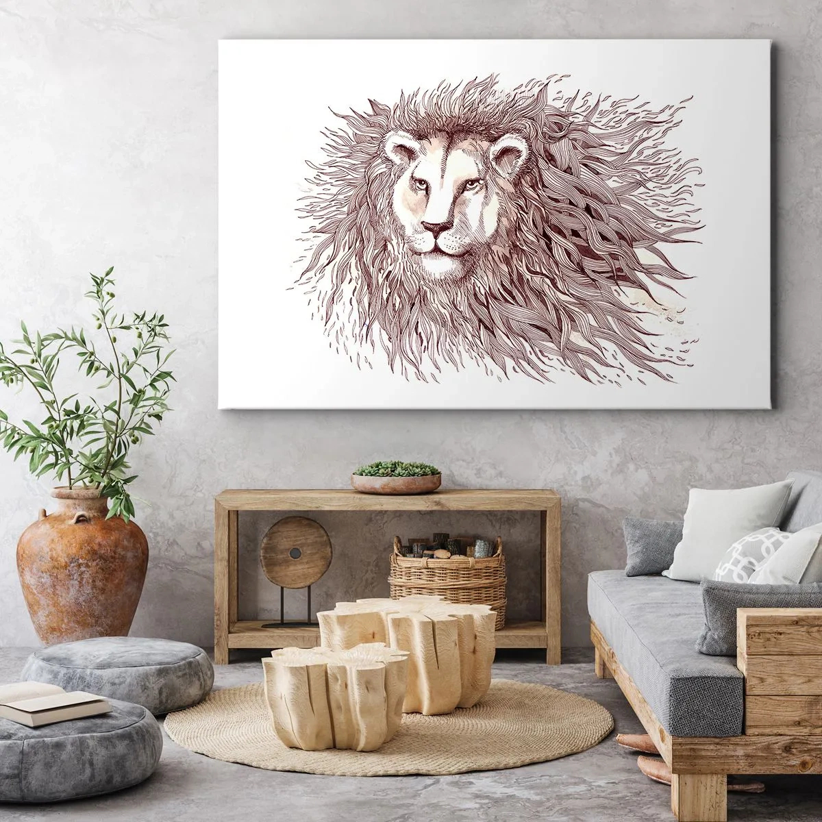 Lærredstryk - Billede på lærred - Kunstnerisk akvarelmaleri af en løve med en detaljeret manke - 70x50cm - Flamboyant hersker - Moderne vægdekoration til stue og soveværelse ARTTOR