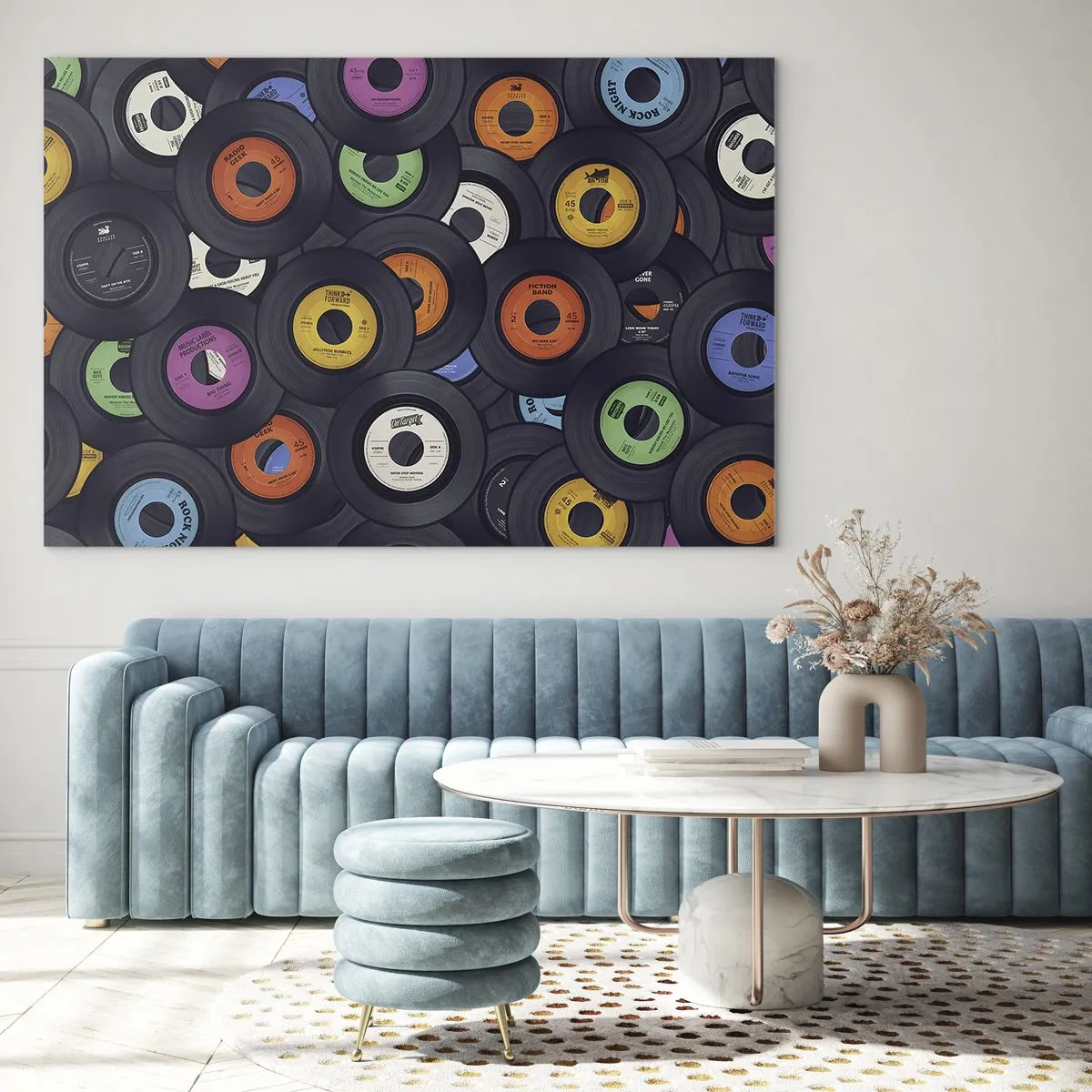 Billede på glas - Farverige vinylplader på en sort baggrund - 70x50cm - Farver fra klassikerne - Moderne vægdekoration til stue og soveværelse ARTTOR