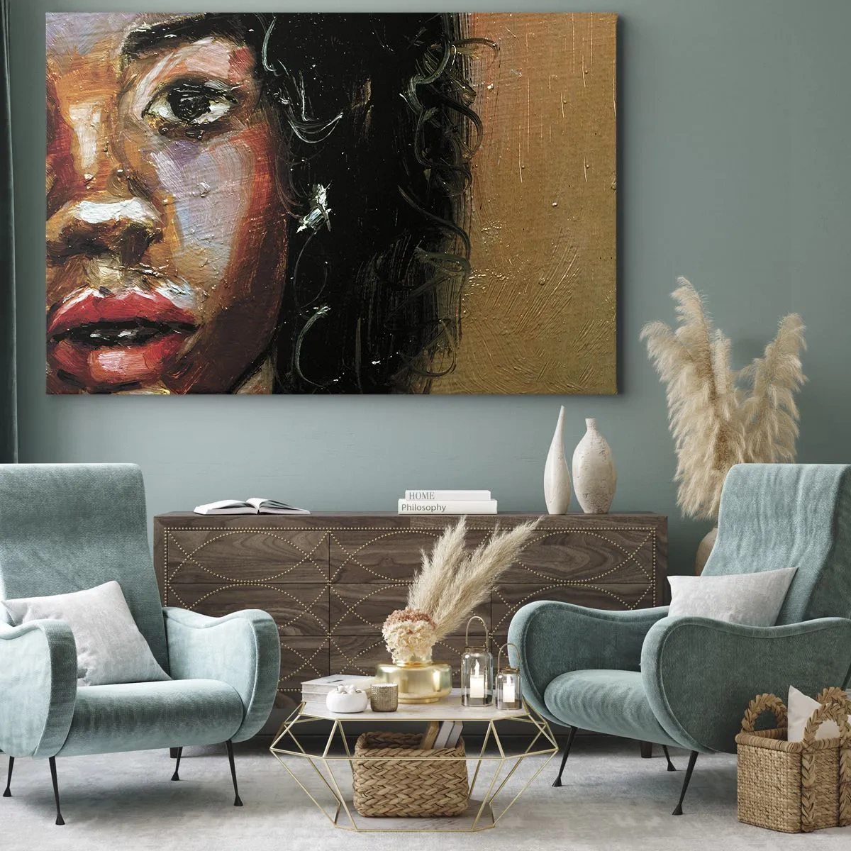 Lærredstryk - Billede på lærred - Et udtryksfuldt portræt af en kvinde i intense farver. - 70x50cm - Sort og glitter - Moderne vægdekoration til stue og soveværelse ARTTOR