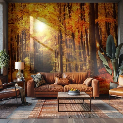Fototapet Premium Sand - Gyldent efterår på en skovvej - Efterår, Skov, Landskab - 200x140 cm