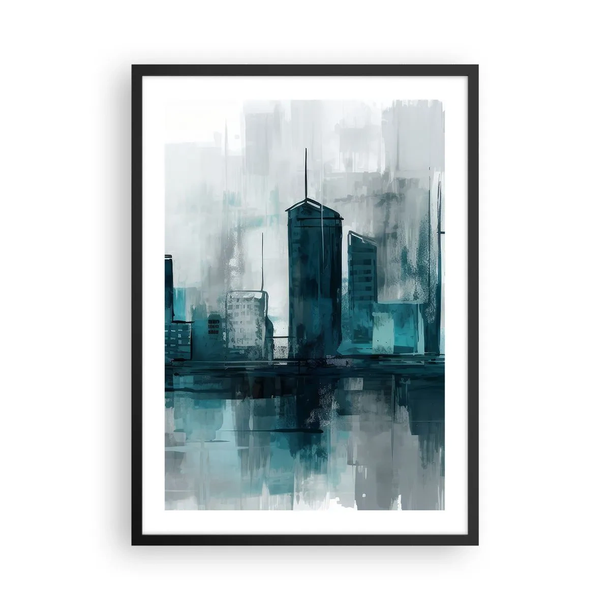 Plakat i sort ramme - Et moderne bypanorama i blå nuancer - 50x70cm - Regnfarvet by - Moderne vægdekoration til stue og soveværelse ARTTOR