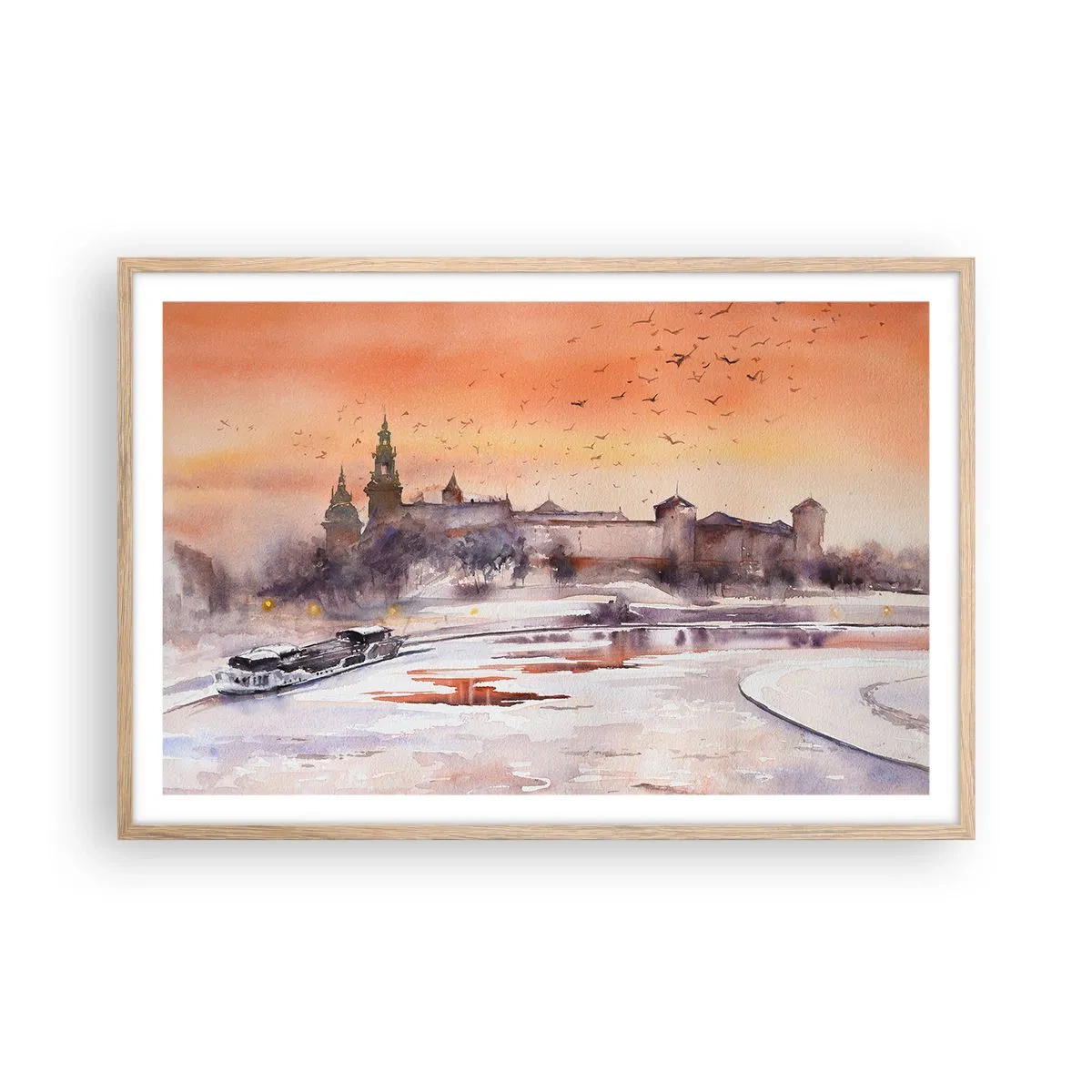 Plakat i ramme af lyst egetræ - Kongelig solnedgang - 91x61 cm