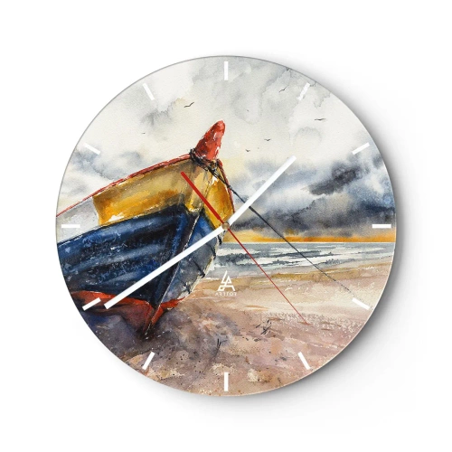 Vægur, Uret - En farverig båd på en sandstrand i malerisk stil - 30x30cm - Hvile på stranden - Moderne vægdekoration til stue, køkken og soveværelse ARTTOR