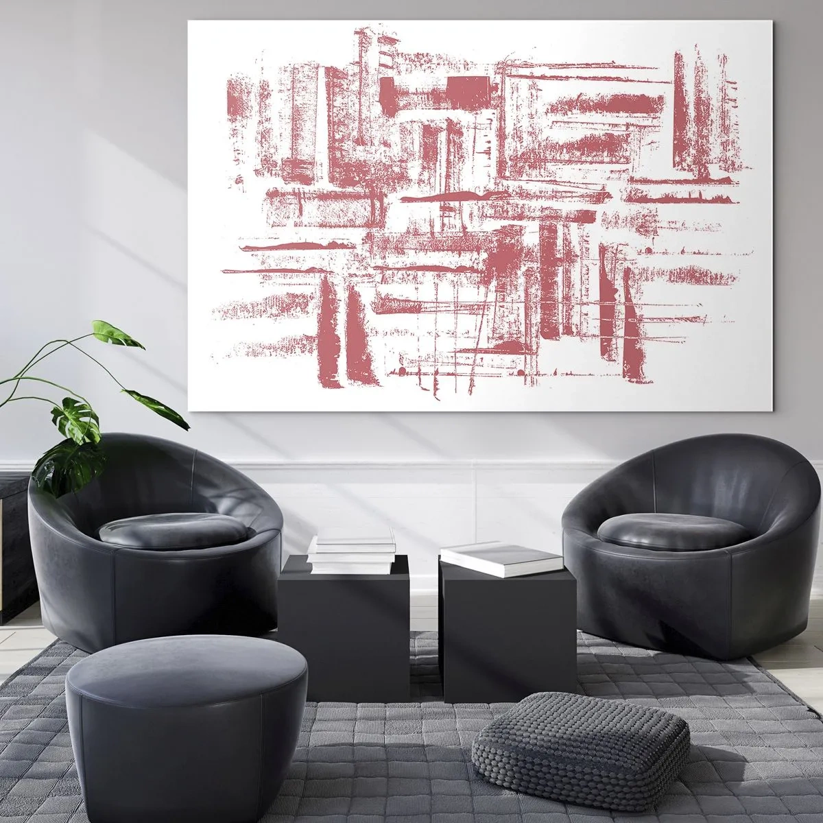 Billede på glas - En abstrakt komposition i rødt, der ligner omridset af byarkitektur. - 70x50cm - Rød by - Moderne vægdekoration til stue og soveværelse ARTTOR