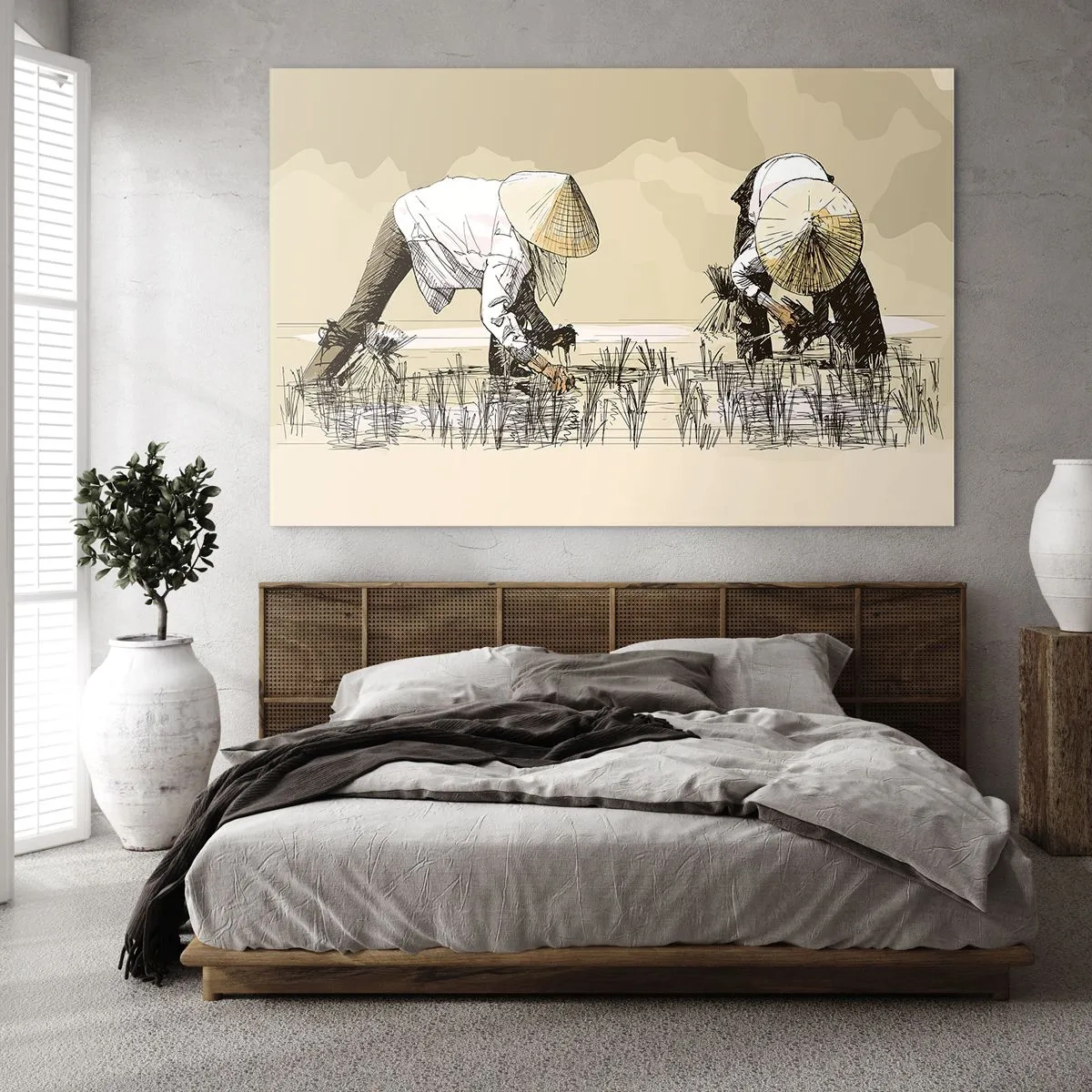 Billede på glas - En minimalistisk illustration af landmænd, der arbejder - 70x50cm - God høst - Moderne vægdekoration til stue og soveværelse ARTTOR