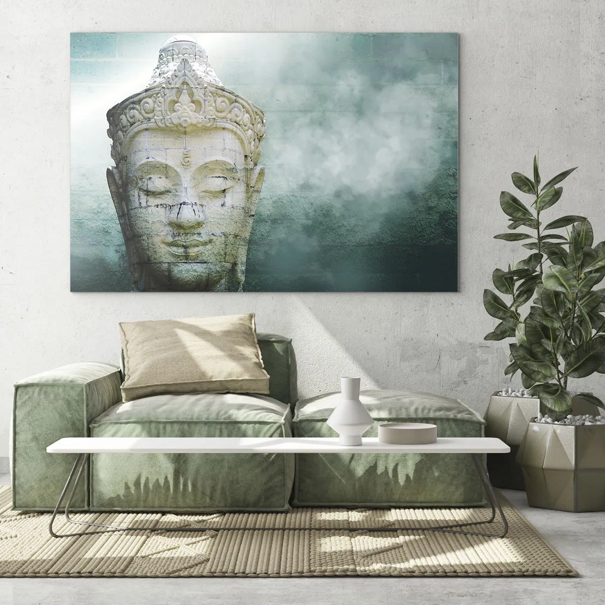 Billede på glas - Buddha-statue i en mystisk atmosfære - 70x50cm - På jagt efter lys - Moderne vægdekoration til stue og soveværelse ARTTOR