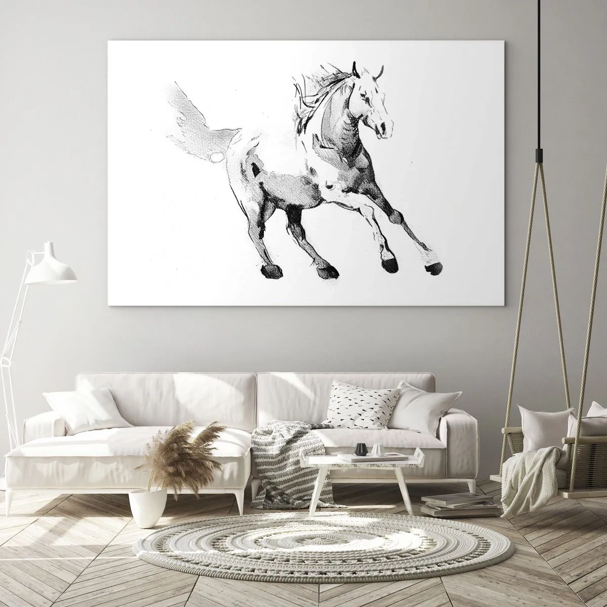 Billede på glas - Sort og hvid skitse af en galoperende hest på en hvid baggrund - 70x50cm - Utæmmet sjæl - Moderne vægdekoration til stue og soveværelse ARTTOR