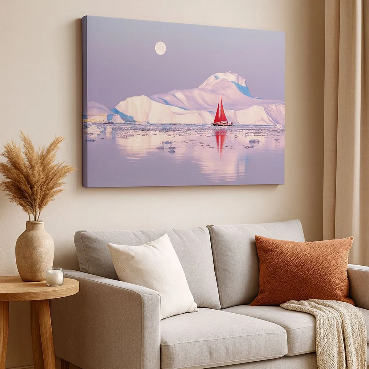 Lærredstryk - Billede på lærred - Et rødt sejl mod en baggrund af iskolde bjerge og en fuldmåne. - 70x50cm - Sejlets varme, isens kulde - Moderne vægdekoration til stue og soveværelse ARTTOR