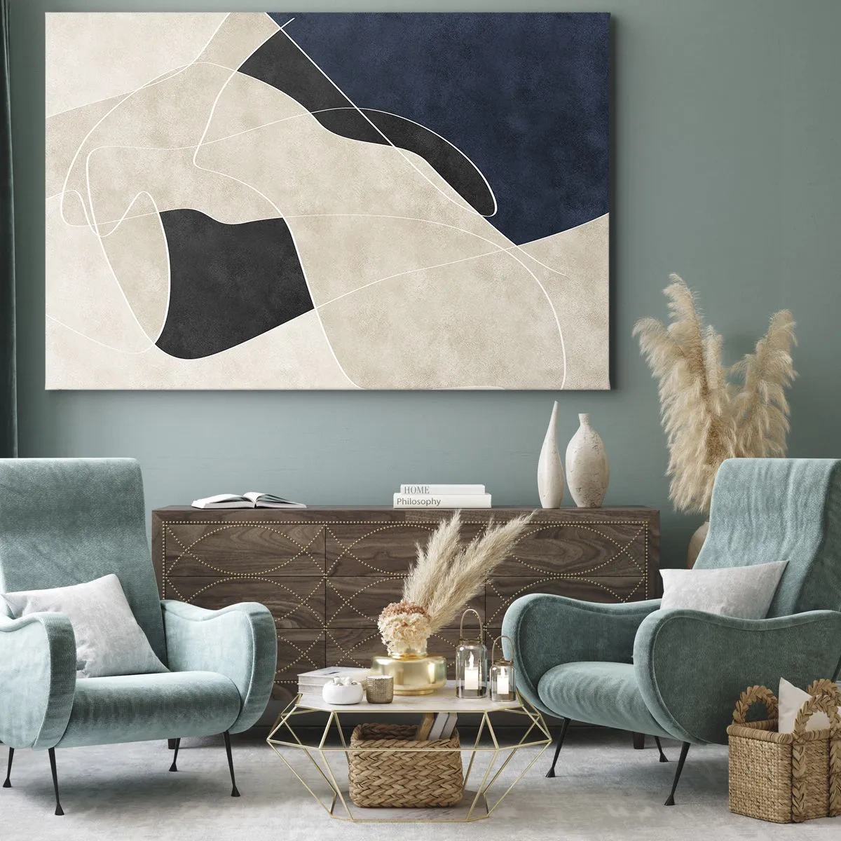 Lærredstryk - Billede på lærred - Geometrisk abstraktion i nuancer af beige og marineblå - 70x50cm - Abstrakt komposition - kontrast af farver - Moderne vægdekoration til stue og soveværelse ARTTOR