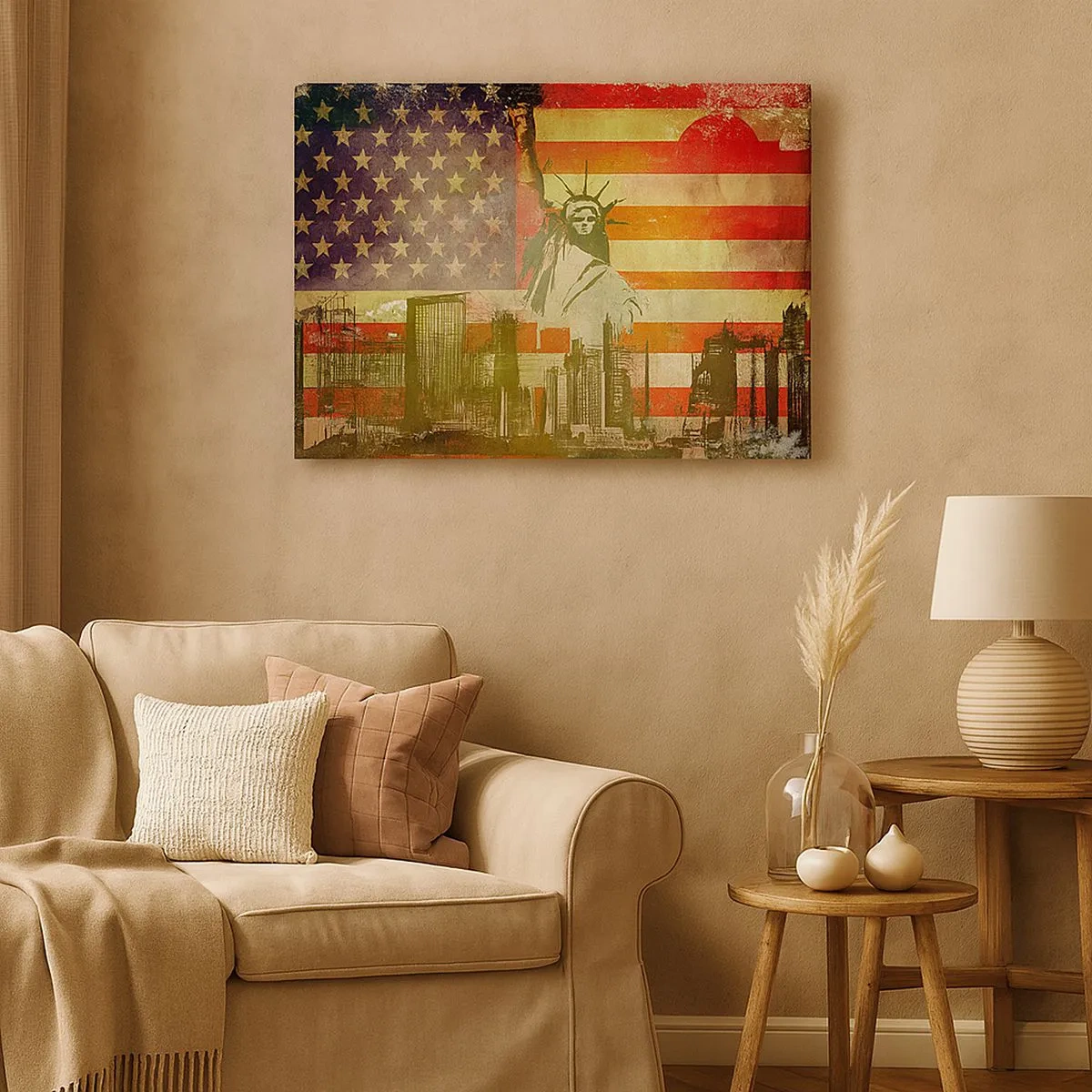 Lærredstryk - Billede på lærred - Frihedsgudinden med det amerikanske flag og byens skyline som baggrund - 70x50cm - Viva America! - Moderne vægdekoration til stue og soveværelse ARTTOR