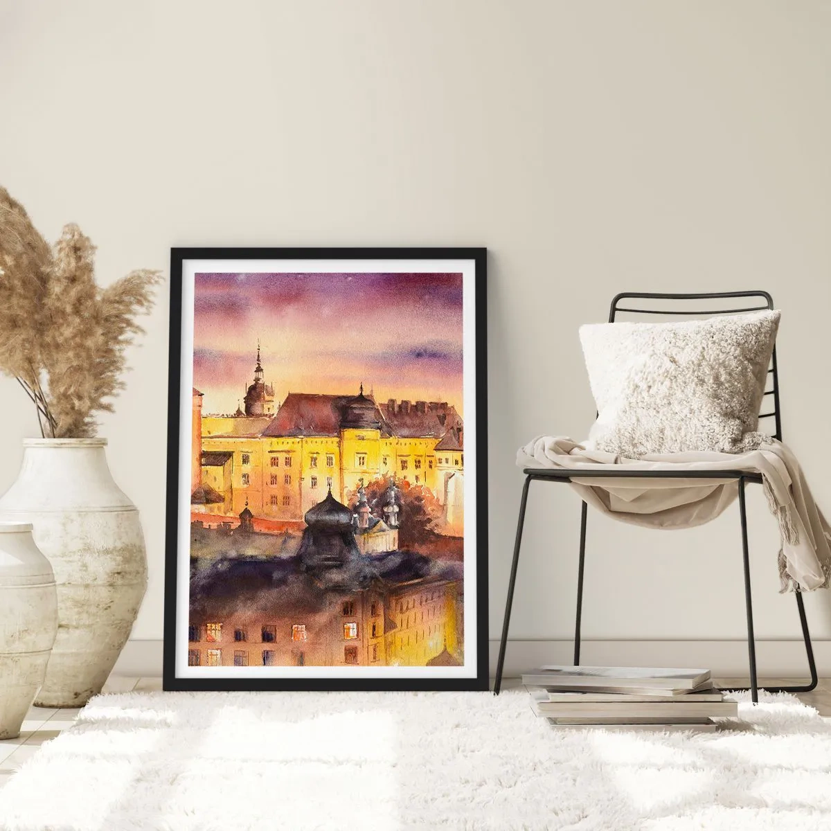 Plakat i sort ramme - En malerisk udsigt over byen i lyset af den nedgående sol - 50x70cm - En historie og en fortælling - Moderne vægdekoration til stue og soveværelse ARTTOR