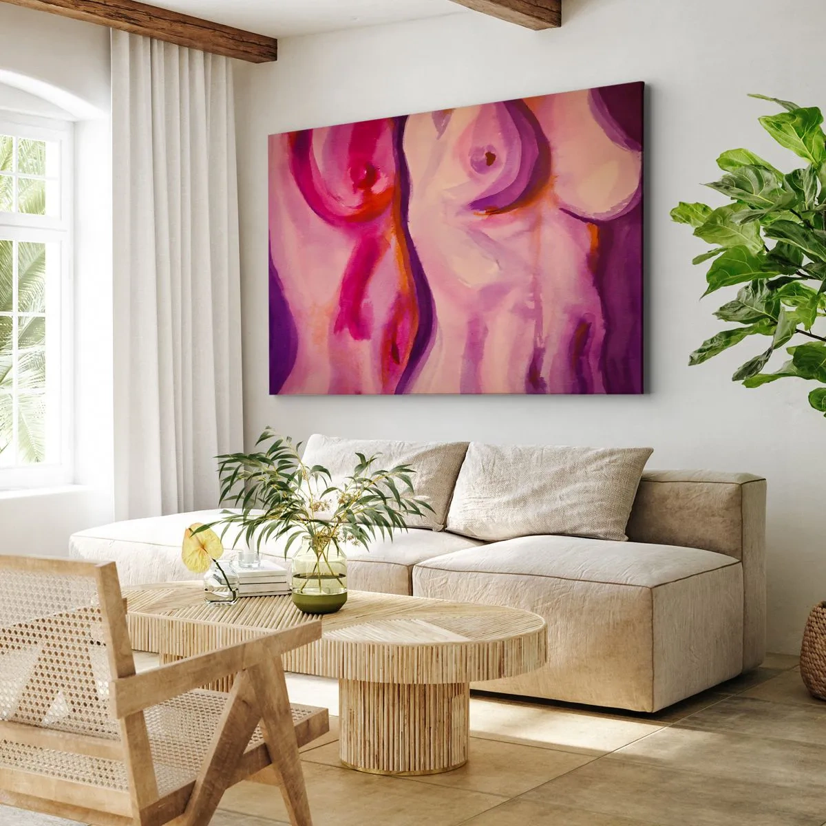 Lærredstryk - Billede på lærred - En abstrakt fortolkning af den kvindelige silhuet i lyserøde og lilla farver. - 70x50cm - En ode til kvindelighed - Moderne vægdekoration til stue og soveværelse ARTTOR