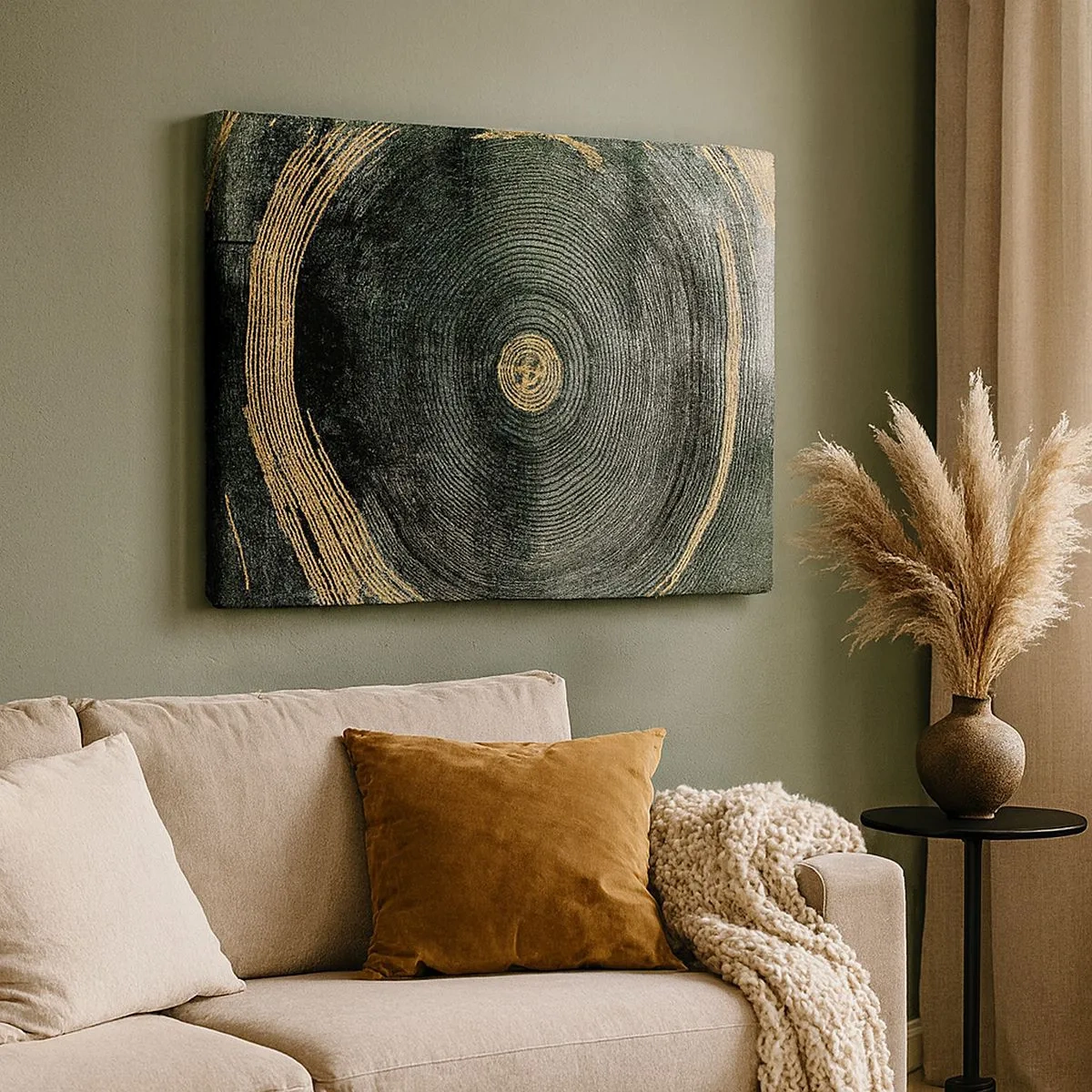 Lærredstryk - Billede på lærred - Koncentriske cirkler med gulddetaljer - 70x50cm - Forandring og varighed - Moderne vægdekoration til stue og soveværelse ARTTOR