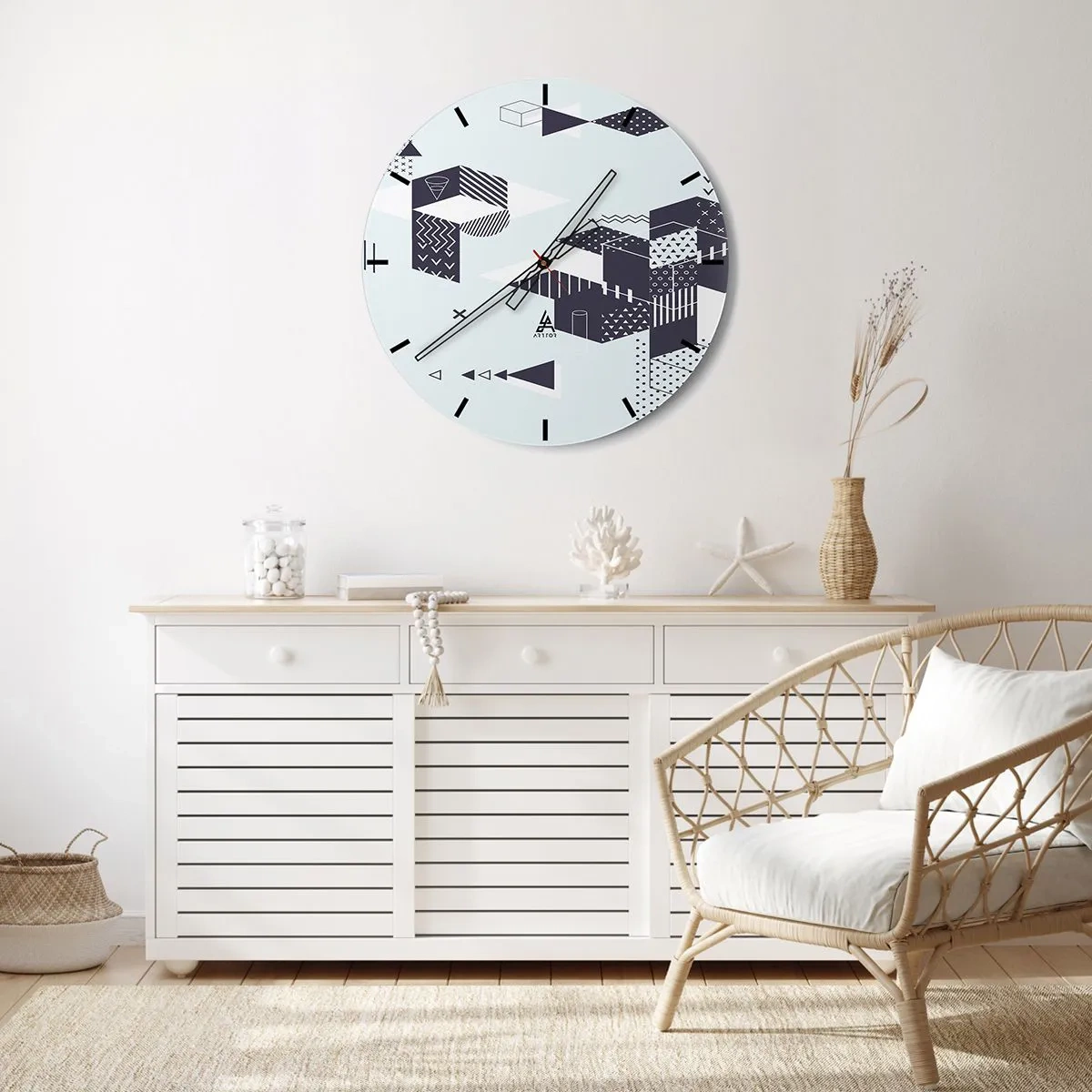 Vægur, Uret - Geometriske mønstre i sort og hvid - 30x30cm - I matematikkens sjæl - Moderne vægdekoration til stue, køkken og soveværelse ARTTOR
