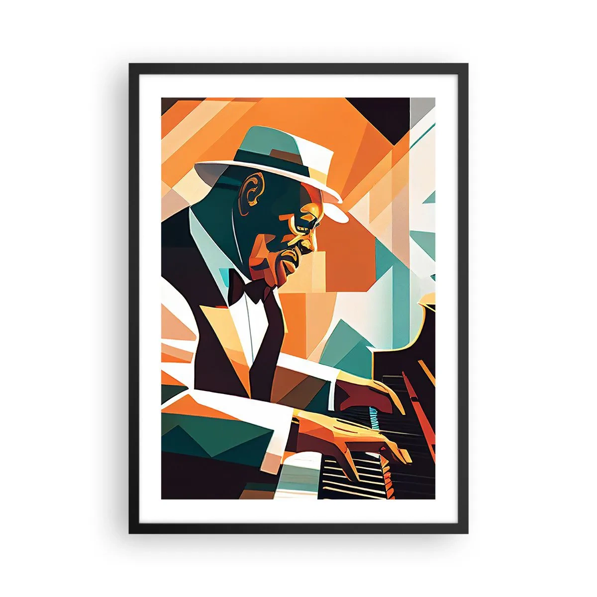 Plakat i sort ramme - Abstrakt portræt af en pianist i kubistisk stil - 50x70cm - Alt det jazz - Moderne vægdekoration til stue og soveværelse ARTTOR