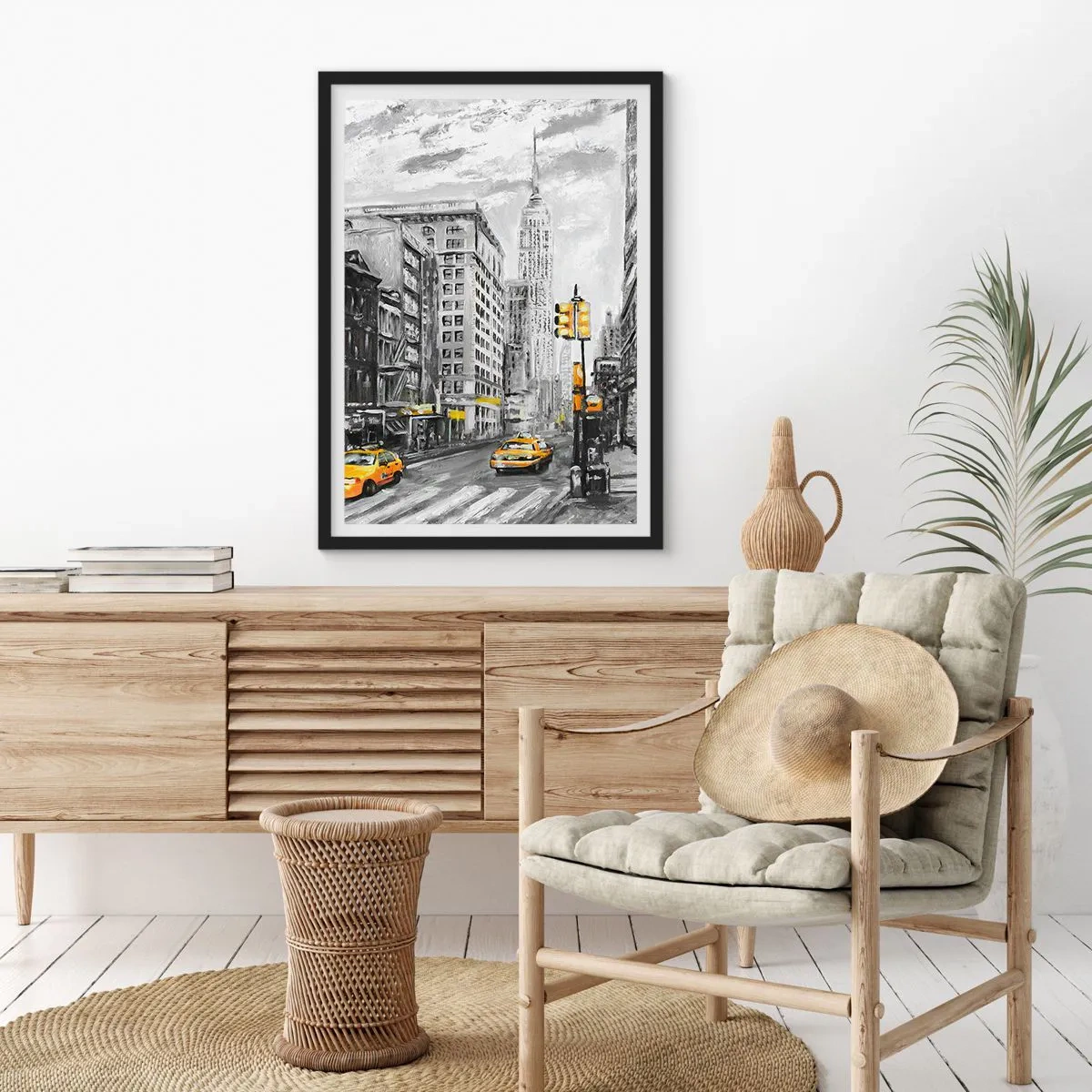 Plakat i sort ramme - En gade i New York med gule taxaer i baggrunden - 50x70cm - En fortælling fra New York - Moderne vægdekoration til stue og soveværelse ARTTOR