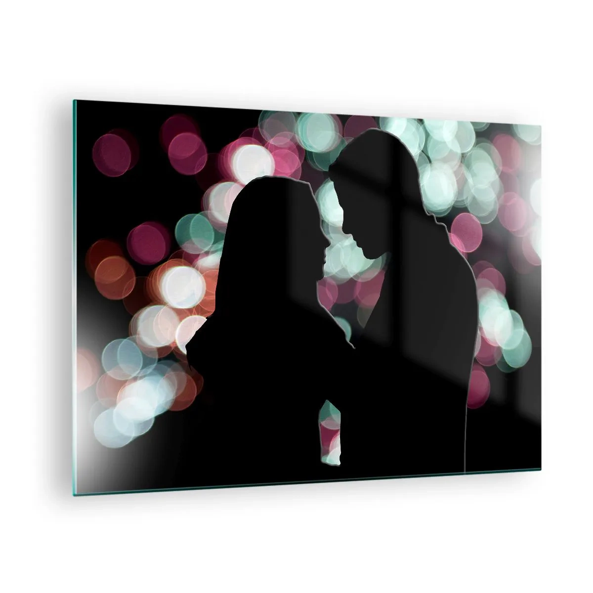 Billede på glas - Silhuetter af et par mod en baggrund af farverige bokeh-lys - 70x50cm - Ja! - Moderne vægdekoration til stue og soveværelse ARTTOR