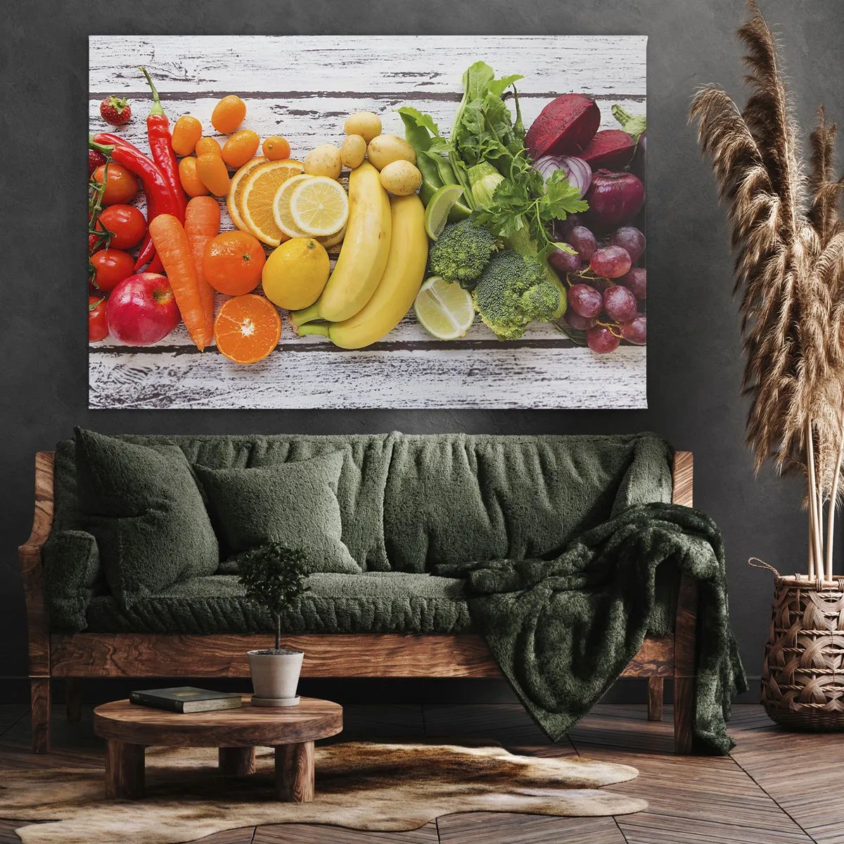 Lærredstryk - Billede på lærred - Farverige frugter og grøntsager på en træbaggrund - 70x50cm - Er det ikke nok? - Moderne vægdekoration til stue og soveværelse ARTTOR