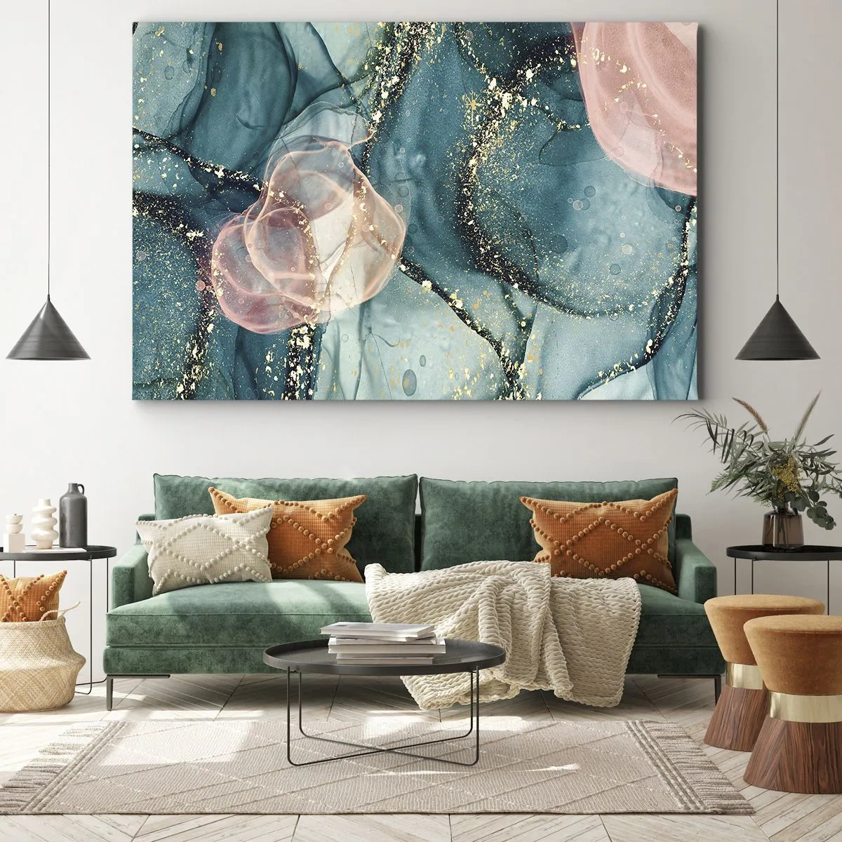 Lærredstryk - Billede på lærred - En abstrakt komposition i nuancer af turkis og guld. - 70x50cm - Silkeblå, tyl lyserød - Moderne vægdekoration til stue og soveværelse ARTTOR