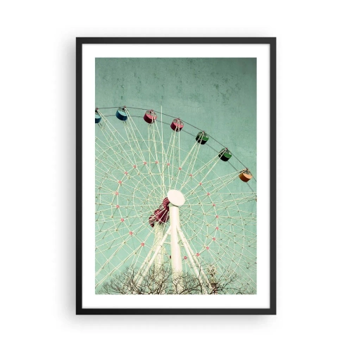 Plakat i sort ramme - Et retro pariserhjul mod en mintgrøn himmel - 50x70cm - Vi inviterer dig til at lege - Moderne vægdekoration til stue og soveværelse ARTTOR