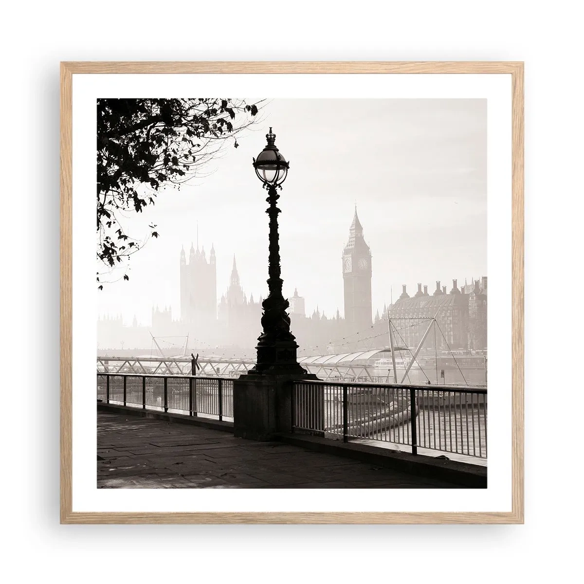 Plakat i ramme af lyst egetræ - London morgen - 60x60 cm