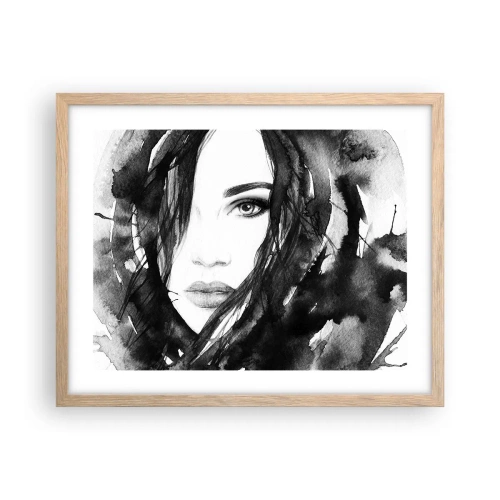 Plakat i ramme af lyst egetræ - Portræt af en dame i sort og hvidt - 50x40 cm