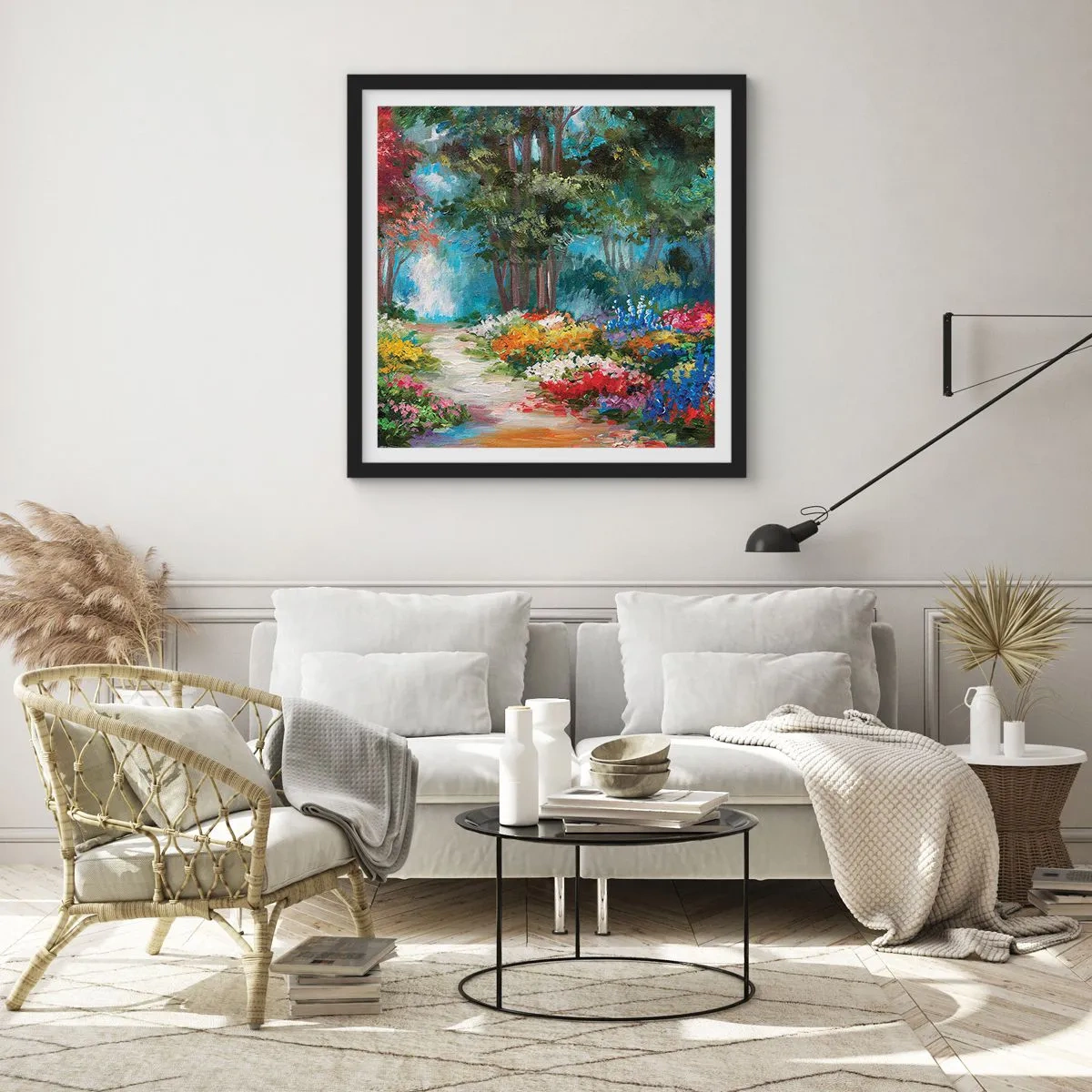 Plakat i sort ramme - Skovhave, blomsterskov - 30x30 cm