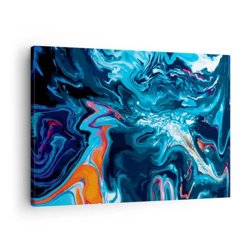 Lærredstryk - Billede på lærred - Et abstrakt mønster i blå nuancer med orange accenter. - 70x50cm - En rejse ind i himlen - Moderne vægdekoration til stue og soveværelse ARTTOR