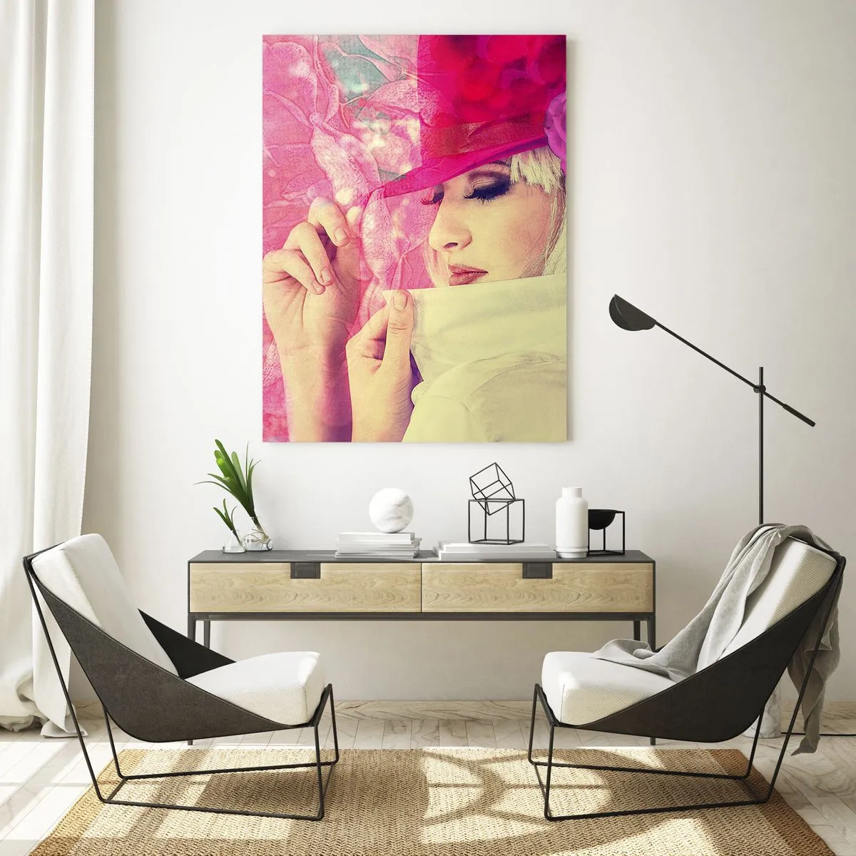 Billede på glas - Retro portræt i lyserødt - 50x70 cm