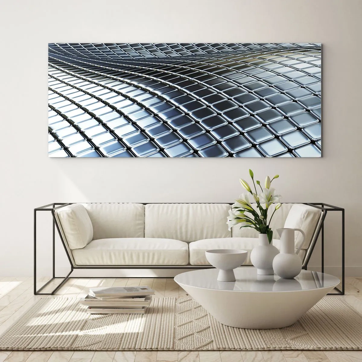 Billede på glas - Bølge i metallisk sølv - 90x30 cm