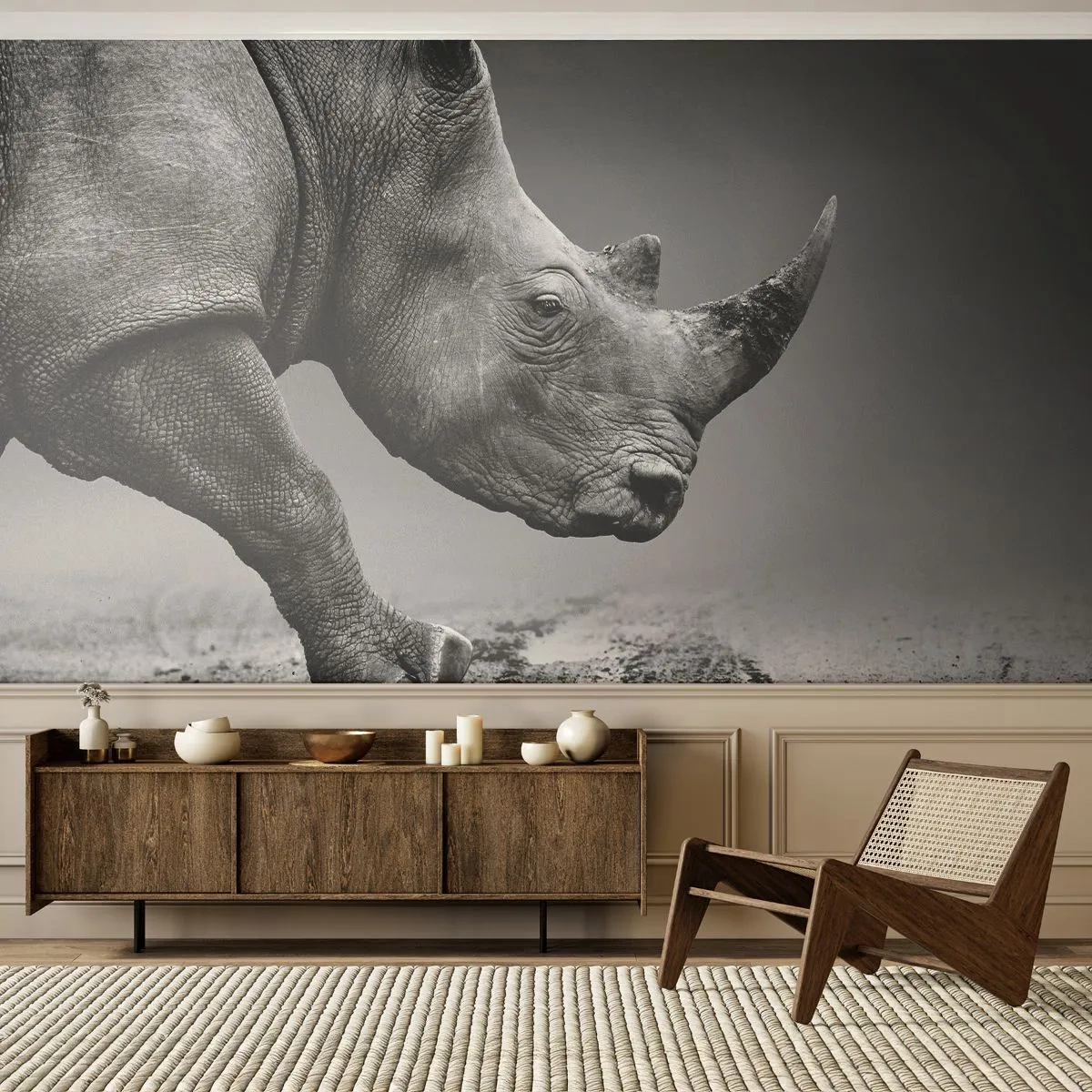 Fototapet Selvklæbende Deluxe Sticker - En ustoppeli - Næsehorn, Dyr, Afrika - 250x175 cm