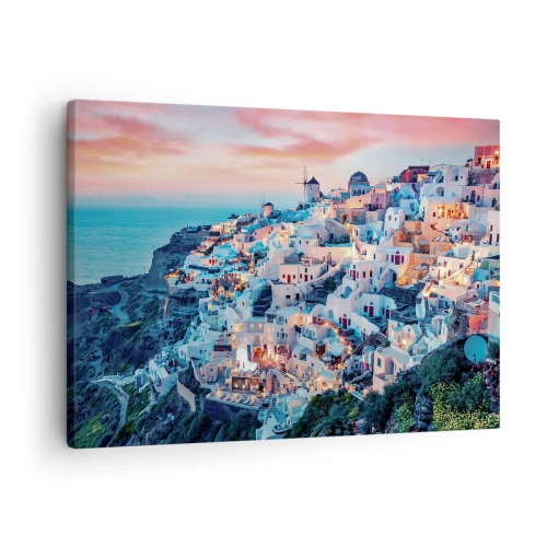 Lærredstryk - Billede på lærred - Santorini ved solnedgang med hvide bygninger på bakken - 70x50cm - Din store græske ferie - Moderne vægdekoration til stue og soveværelse ARTTOR