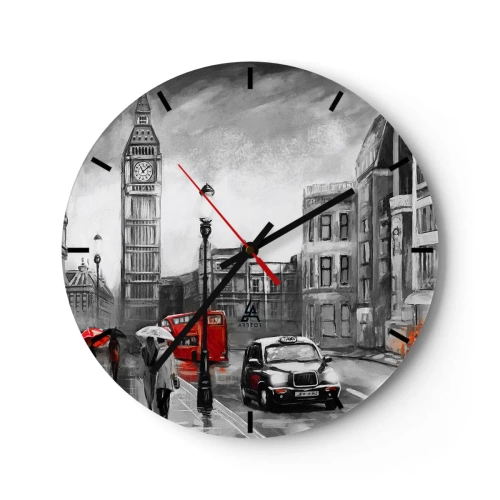 Vægur, Uret - Big Ben og en gade i London med en rød bus og taxa - 30x30cm - Overhovedet ikke en grå by - Moderne vægdekoration til stue, køkken og soveværelse ARTTOR