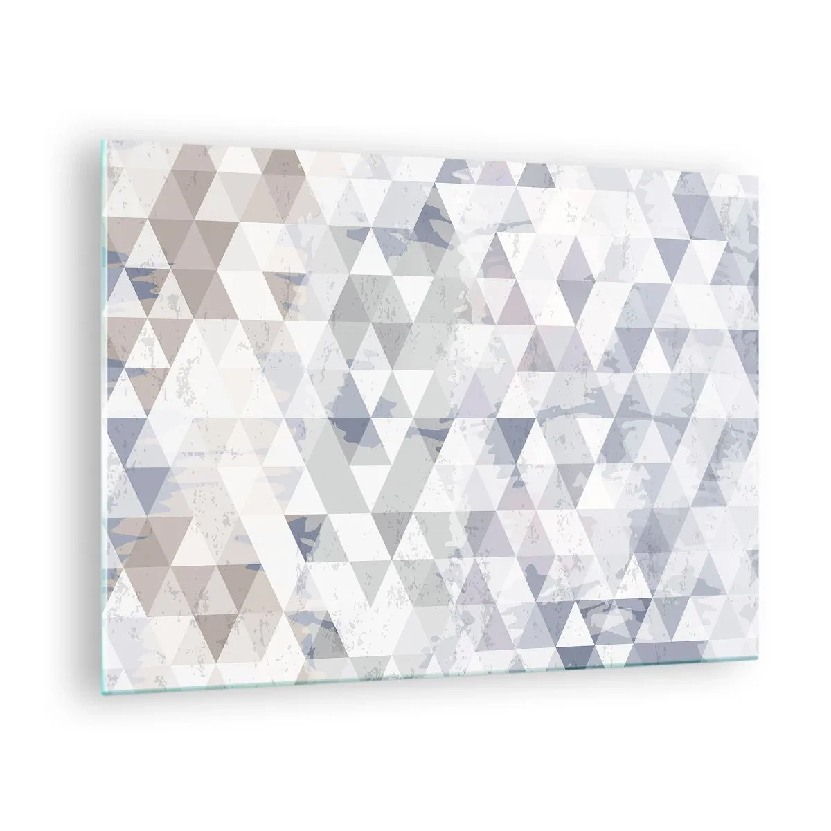 Billede på glas - Geometrisk trekantmønster i neutrale grå og beige nuancer - 70x50cm - I takt på tre - Moderne vægdekoration til stue og soveværelse ARTTOR