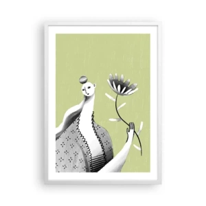 Plakat i hvid ramme - Modernistisk portræt - holder en blomst - 50x70 cm