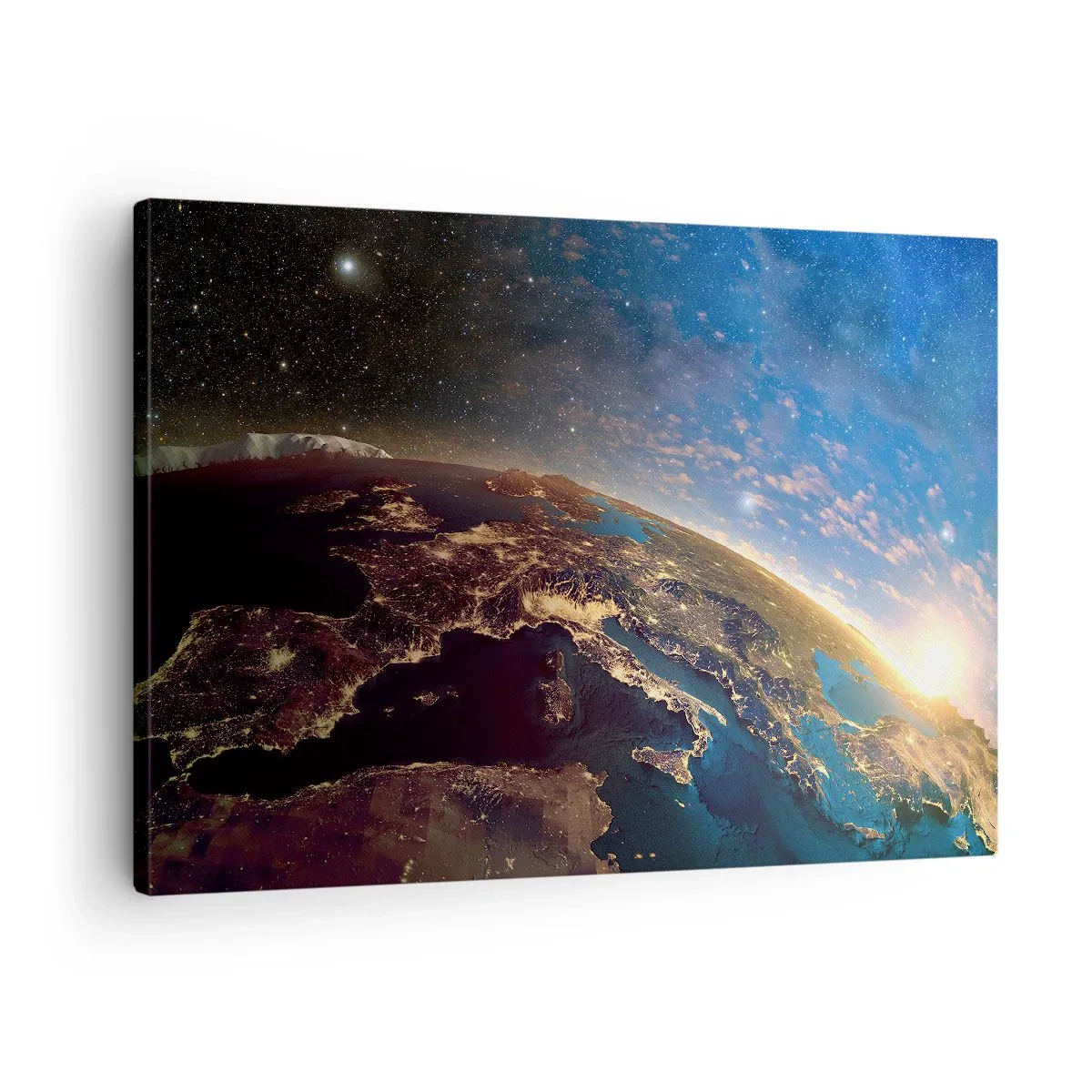 Lærredstryk - Billede på lærred - Udsigt over Jorden fra rummet ved solopgang - 70x50cm - Lad os se på hinanden på afstand - Moderne vægdekoration til stue og soveværelse ARTTOR