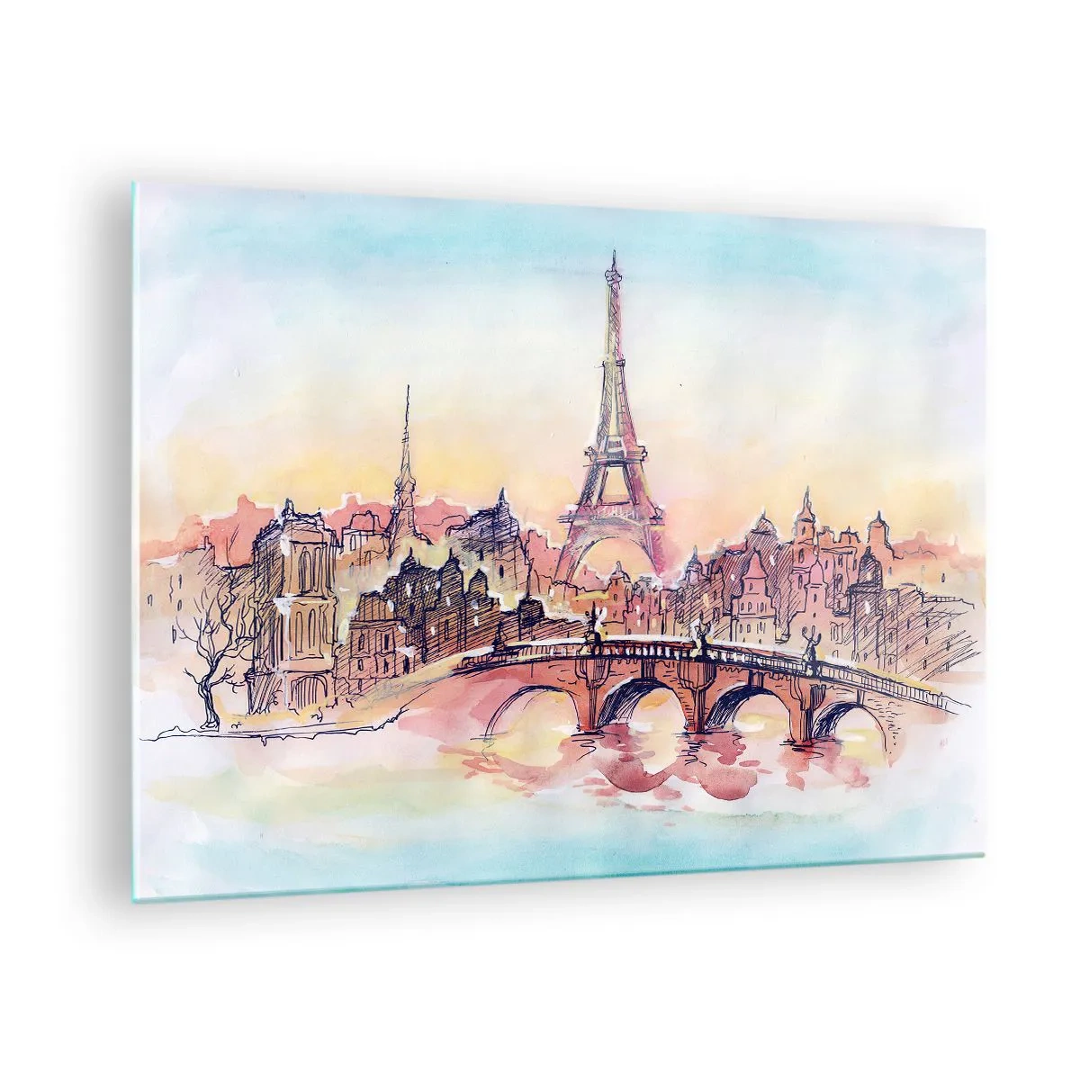 Billede på glas - Et panorama af Paris med Eiffeltårnet i en delikat akvarelstil - 70x50cm - Den eneste by af sin art i verden - Moderne vægdekoration til stue og soveværelse ARTTOR