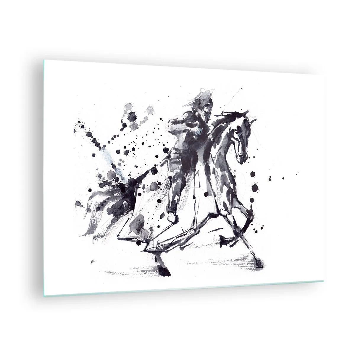 Billede på glas - Sort-hvidt maleri af en rytter på en hest i abstrakt stil - 70x50cm - Sort ridder - Moderne vægdekoration til stue og soveværelse ARTTOR