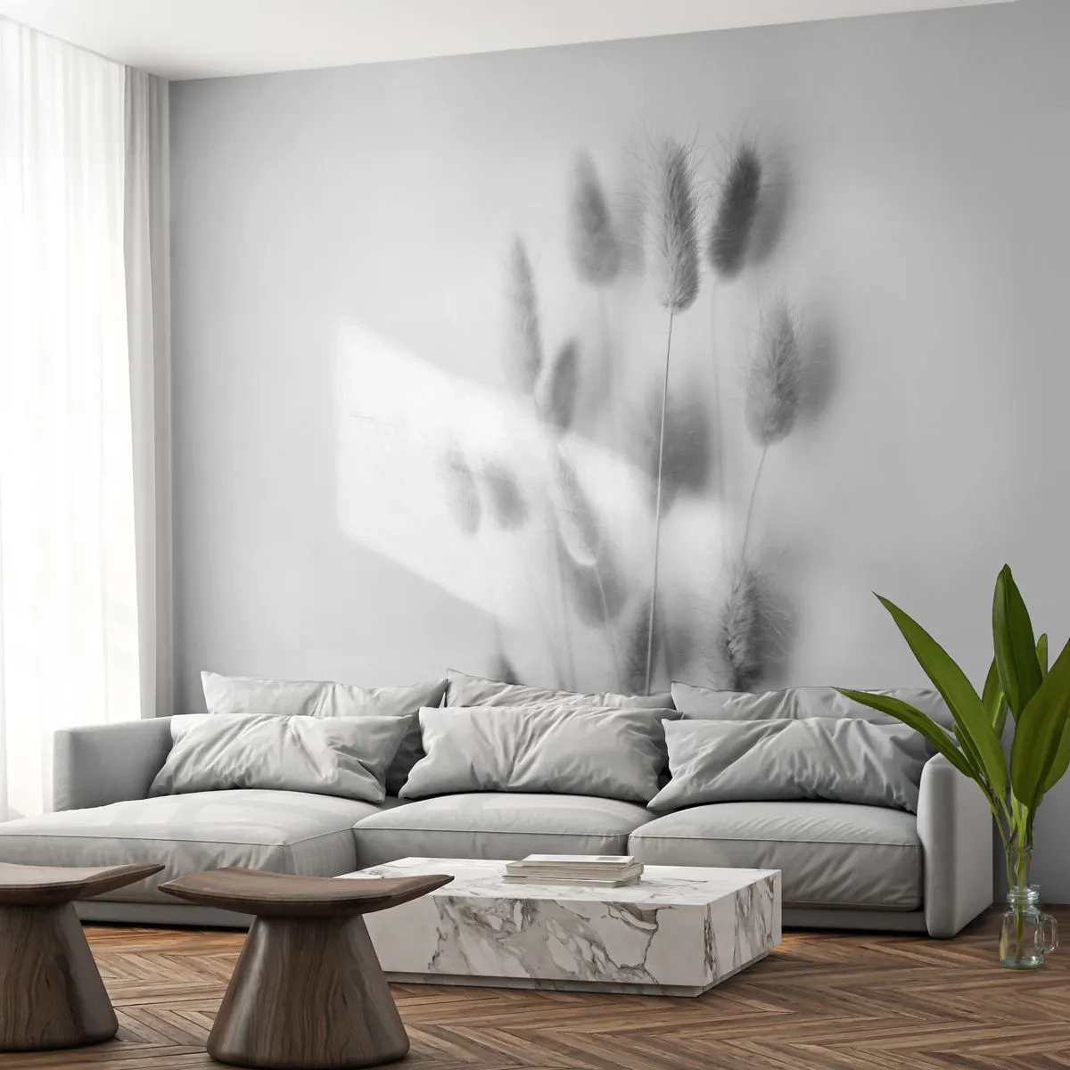 Fototapet Selvklæbende Deluxe Sticker - Dens bløde græs - Græs, Sort og hvid, Blomster - 400x280 cm