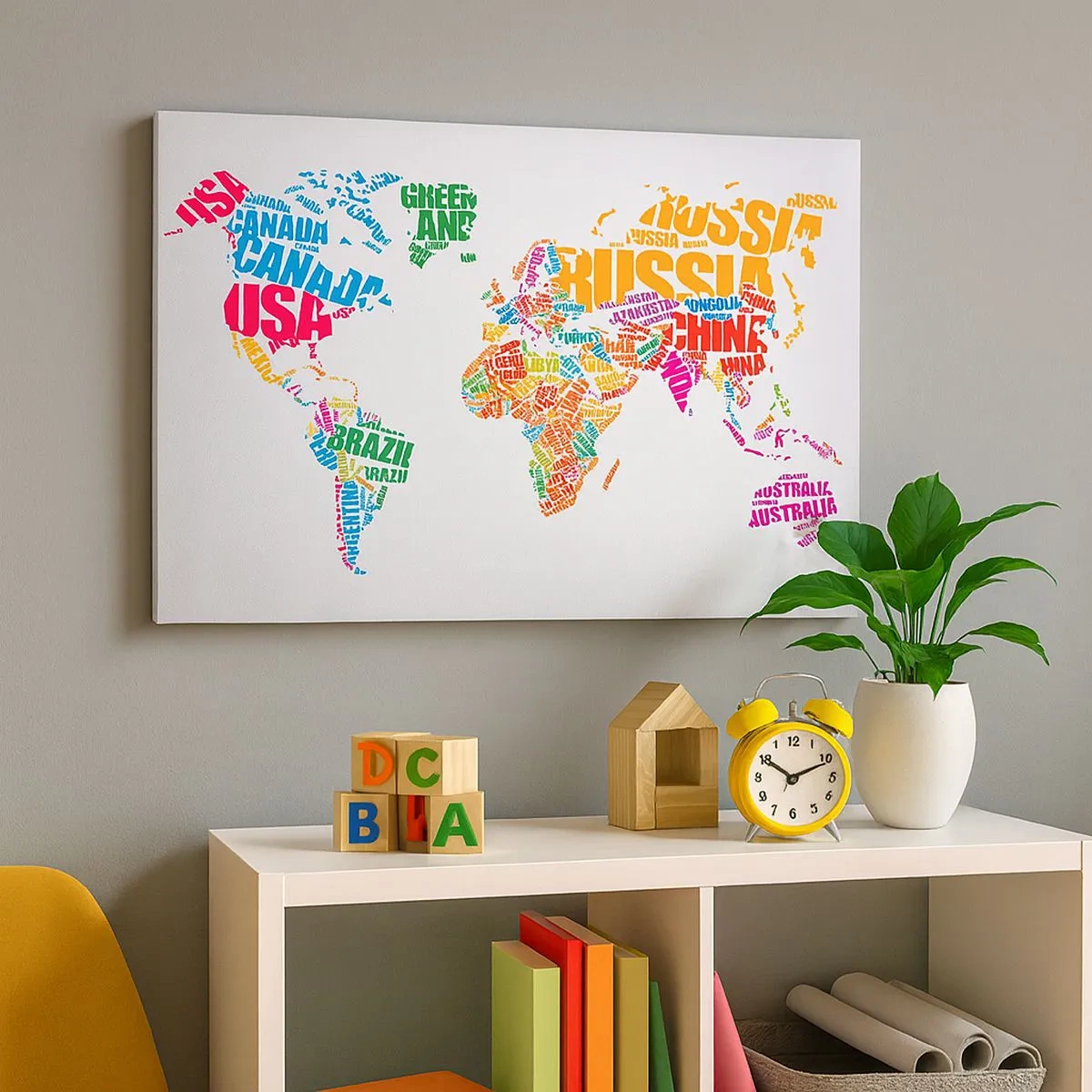Lærredstryk - Billede på lærred - Farverigt verdenskort med landenavne - 70x50cm - Jeg ønsker at vide alt - Moderne vægdekoration til stue og soveværelse ARTTOR