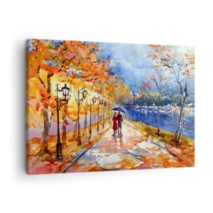 Lærredstryk - Billede på lærred - En efterårstur i parken ved flodbredden under en paraply - 70x50cm - Sammen indtil tidsfristen - Moderne vægdekoration til stue og soveværelse ARTTOR