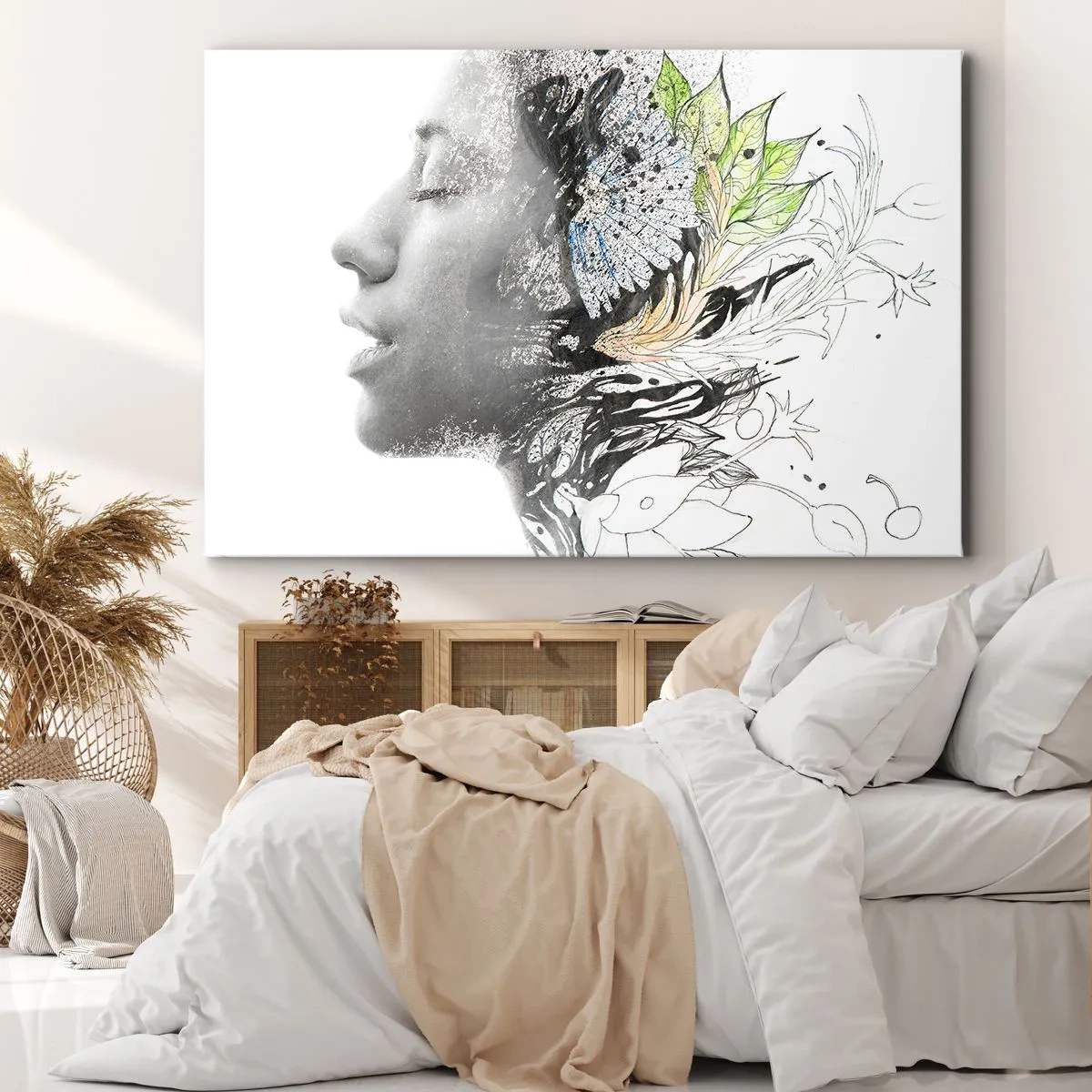 Lærredstryk - Billede på lærred - Profil af en kvinde i en kunstnerisk collage af natur og sorthed - 70x50cm - Nedsænket i naturen - Moderne vægdekoration til stue og soveværelse ARTTOR