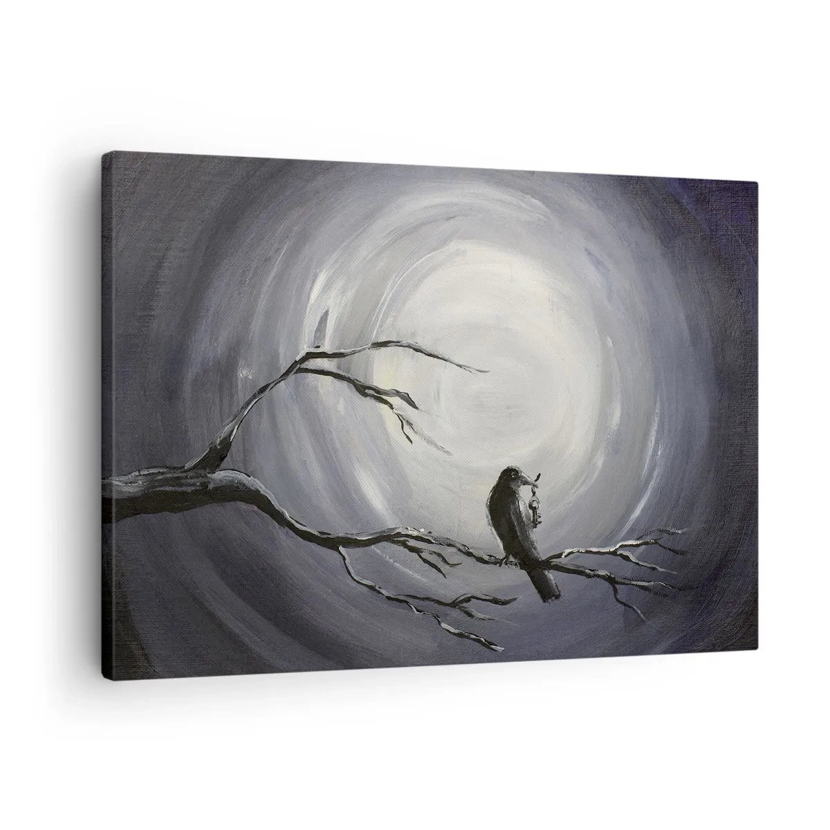 Lærredstryk - Billede på lærred - Sort fugl på en gren i måneskinnet - 70x50cm - Nøglen til nattens mysterium - Moderne vægdekoration til stue og soveværelse ARTTOR
