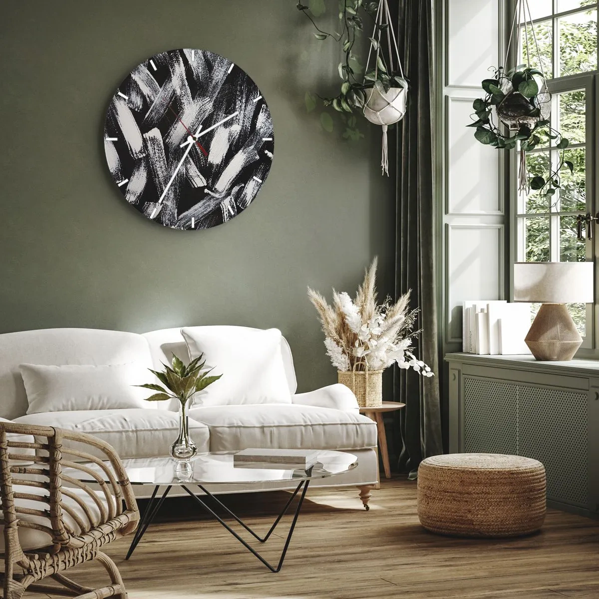 Vægur, Uret - Hvide penselstrøg på sort baggrund i industriel stil - 30x30cm - Abstraktion i den industrielle ånd - Moderne vægdekoration til stue, køkken og soveværelse ARTTOR